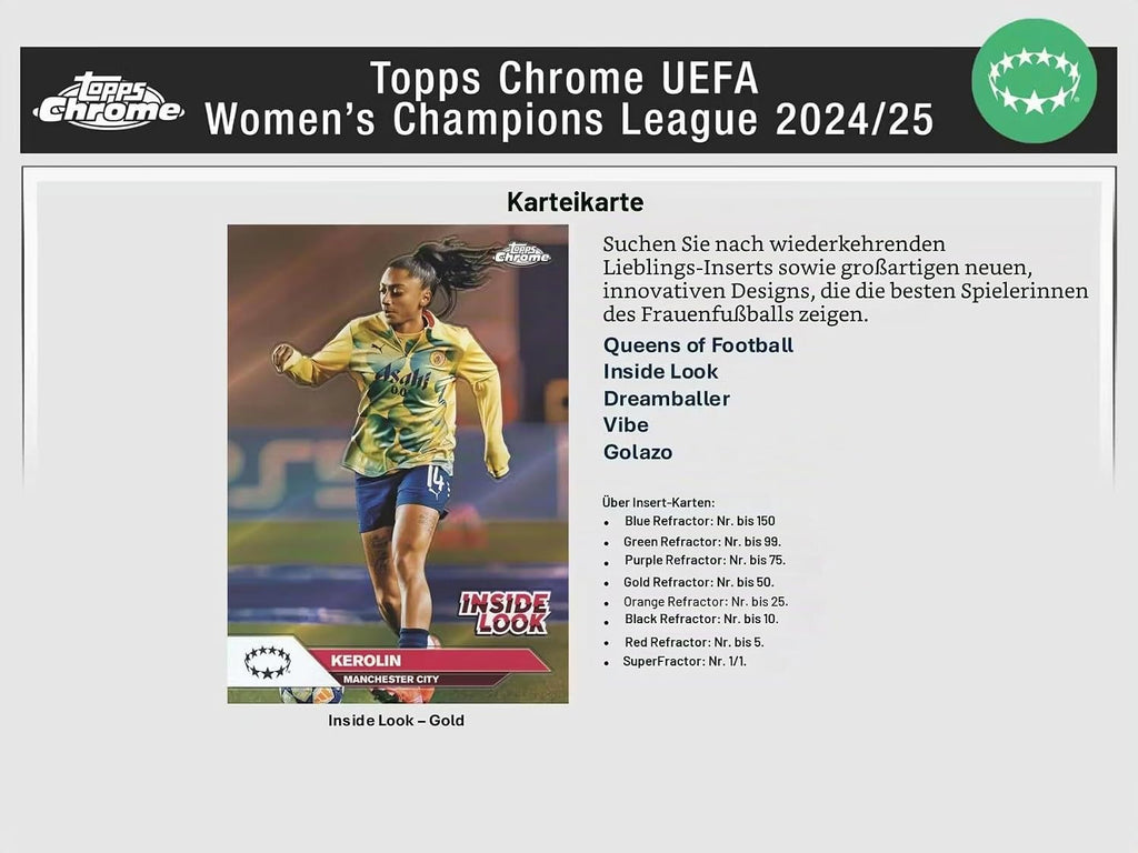 2024/25 Topps Chrome UEFA Damen Champions League Soccer Blaster Sammelkarte 7er-Pack Blaster-Box (3 Mini-Diamant-Refraktor-Parallelen pro Box)