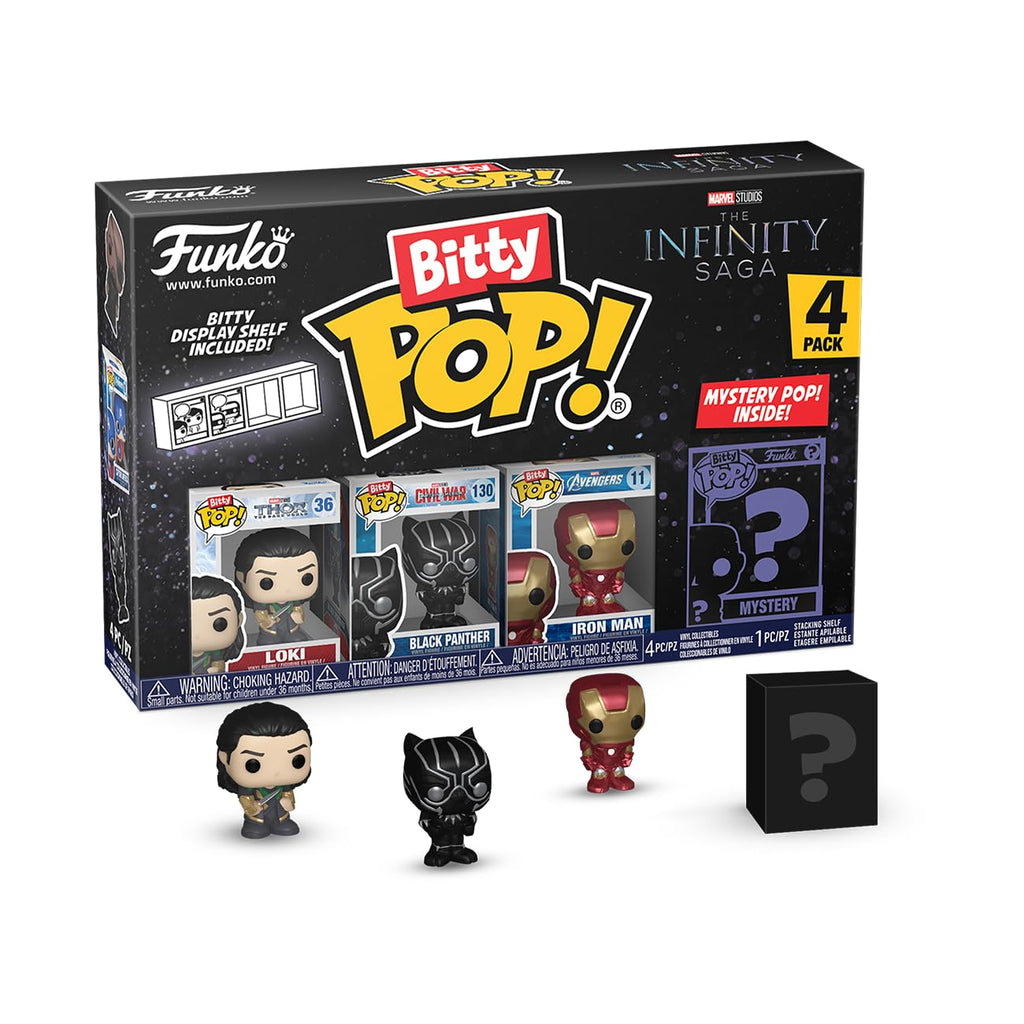 Funko Bitty Pop! Marvel - Loki 4PK - Loki, Black Panther, Iron Man (VII) and a Surprise Mini-Figure - 0.9 Inch (2.2 cm) - Marvel Comics Collectible Stackable Display Shelf Included