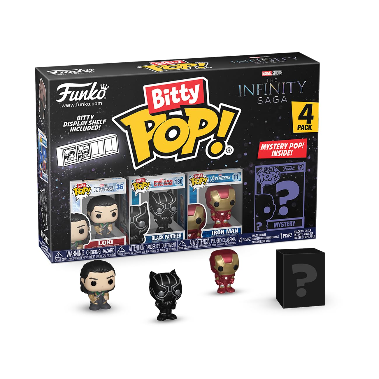 Funko Bitty Pop! Marvel - Loki 4PK - Loki, Black Panther, Iron Man (VII) and a Surprise Mini-Figure - 0.9 Inch (2.2 cm) - Marvel Comics Collectible Stackable Display Shelf Included