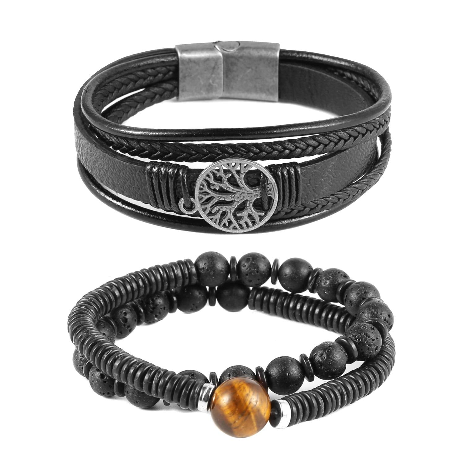 HZMAN Echtes Leder Baum des Lebens Armbänder Männer Frauen, Tigerauge Naturstein Lava Rock Perlen Ethnische Tribal elastische Armbänder Armbänder (2Pcs)