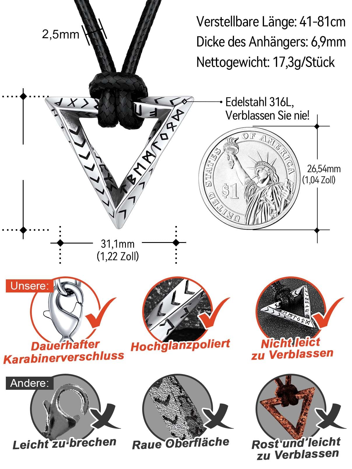 FaithHeart Lederkette Herren Damen Leder Halskette Männer Kette mit Runen Anhänger Edelstahl Lederband mit Mobius Rund/Dreieck/Unendlichkeit Kunstleder Lederhalsband verstellbar Wikinger Schmuck