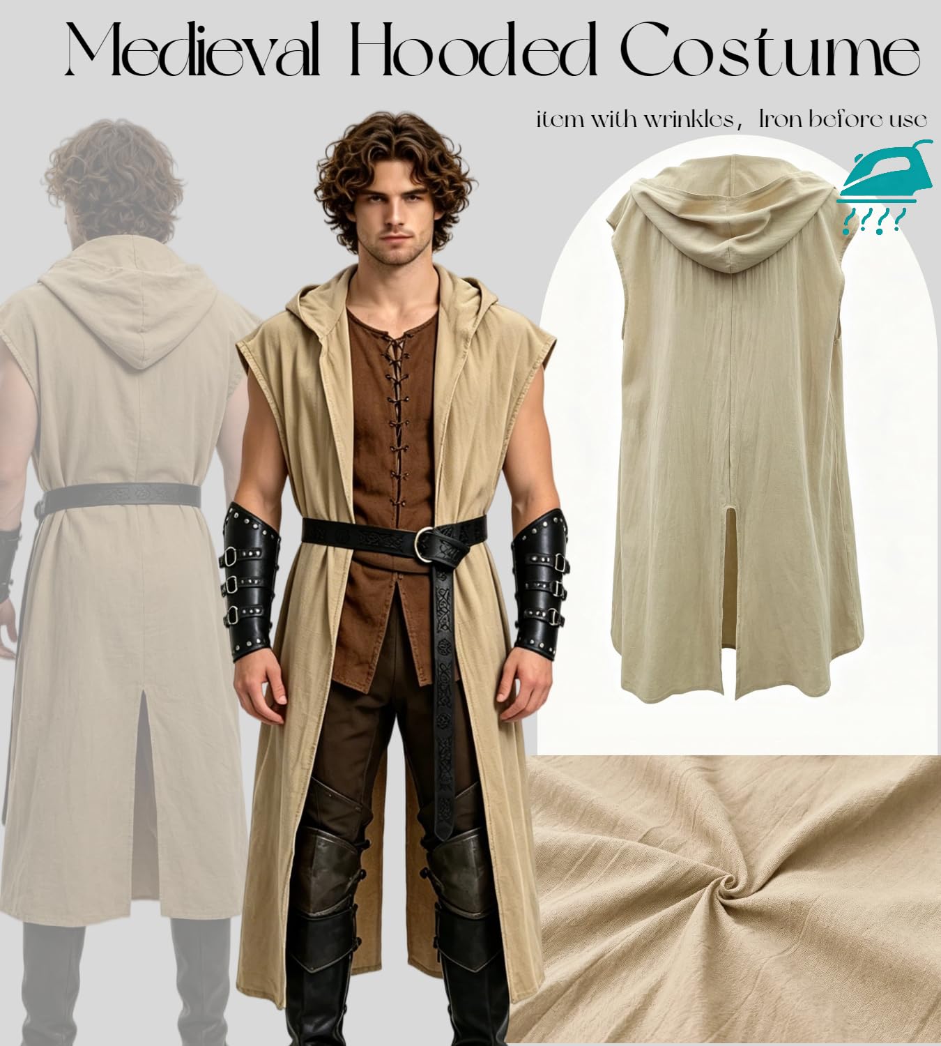 kasahara Mittelalter Kleidung Herren Set, Ärmellose WESTE Umhang mit Kapuze Renaissance Kostüm Damen Wikinger Ritter Outfit für Halloween Karneval Unisex Erwachsene Faschingskostüme