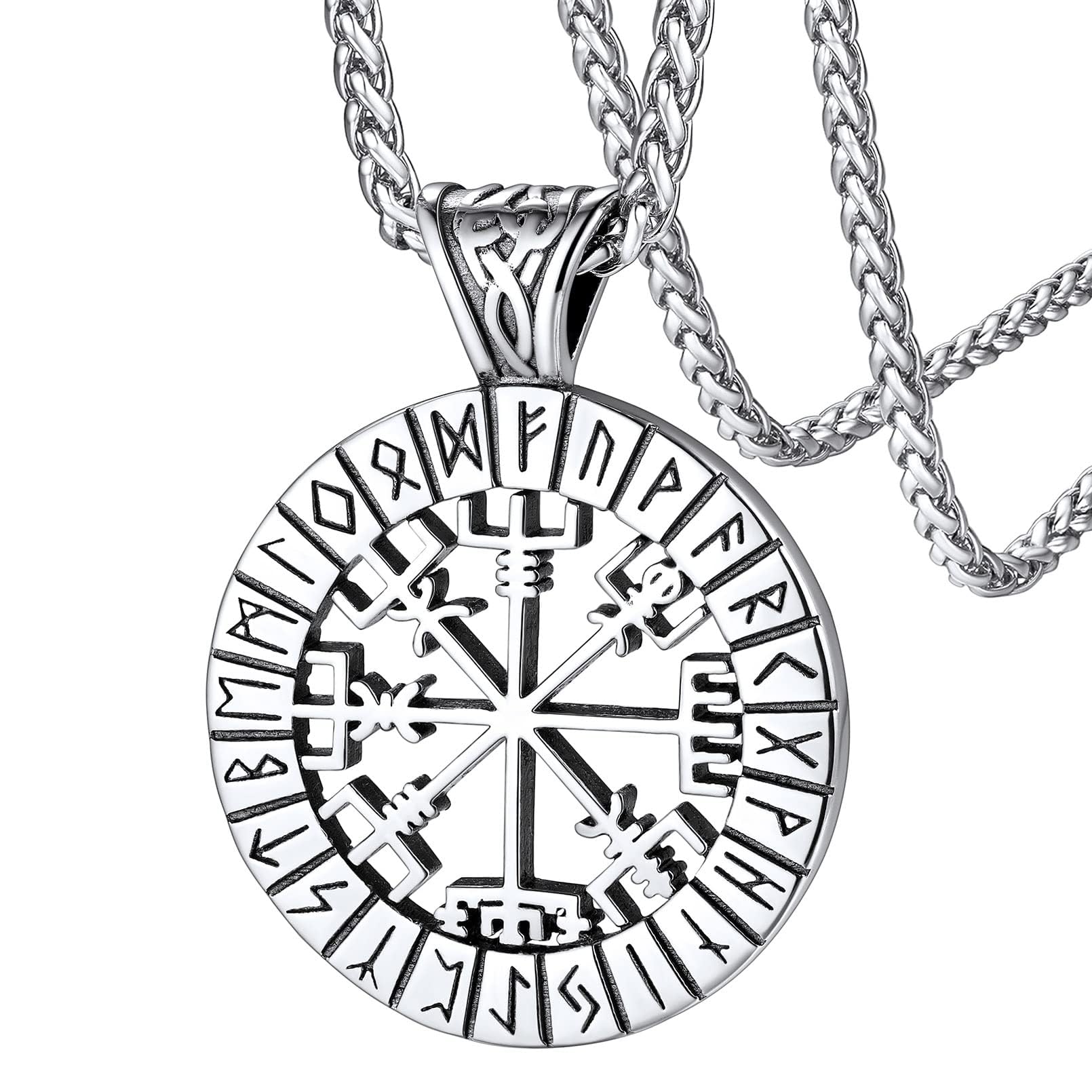 FaithHeart Wikingerhalskette für Herren, Vegvisir-Kompass, Edelstahl, Kette 55 + 5 cm, nordischer Mythologie-Schmuck