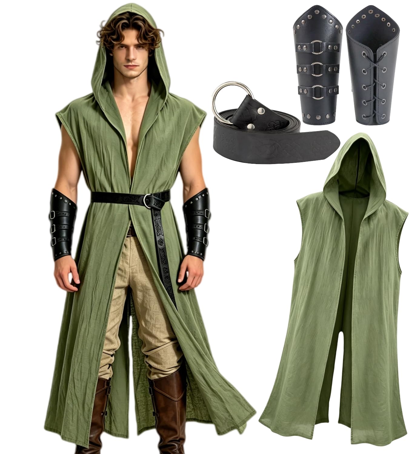 kasahara Mittelalter Kleidung Herren Set, Ärmellose WESTE Umhang mit Kapuze Renaissance Kostüm Damen Wikinger Ritter Outfit für Halloween Karneval Unisex Erwachsene Faschingskostüme