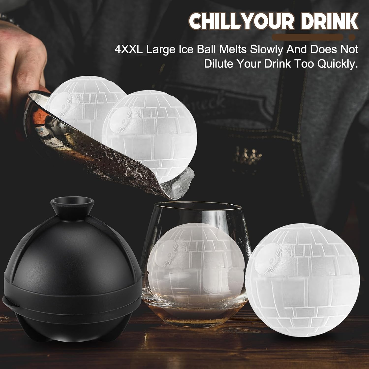 Eiswürfelform Kugel Silikon Set, 4 XXL Groß Eiskugelform mit Deckel & Trichter, Star Wars Wiederverwendbar Eiswürfelformen Rund, BPA Frei Eiswürfel Form Eiswürfelbehälter für Bier Cocktail Whisky Wein