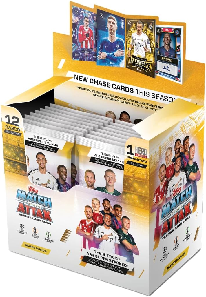 Topps UCC Match Attax 2025/26 - Full Box - Enthält 32 Päckchen mit 4 speziellen Einsteckkarten pro Packung (12 Karten pro Packung)