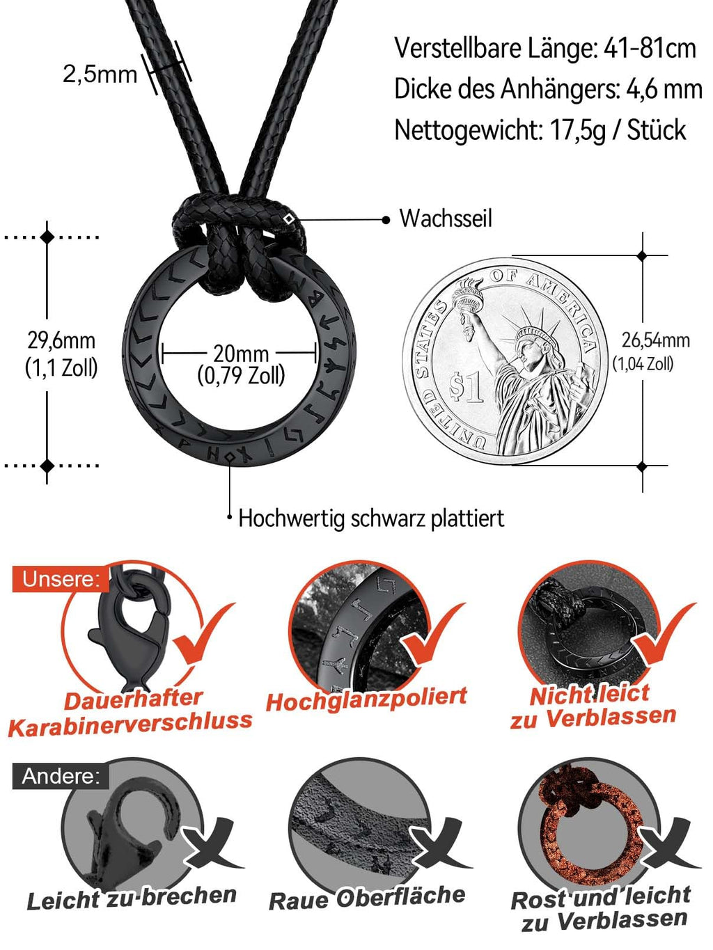 FaithHeart Lederkette Herren Damen Leder Halskette Männer Kette mit Runen Anhänger Edelstahl Lederband mit Mobius Rund/Dreieck/Unendlichkeit Kunstleder Lederhalsband verstellbar Wikinger Schmuck