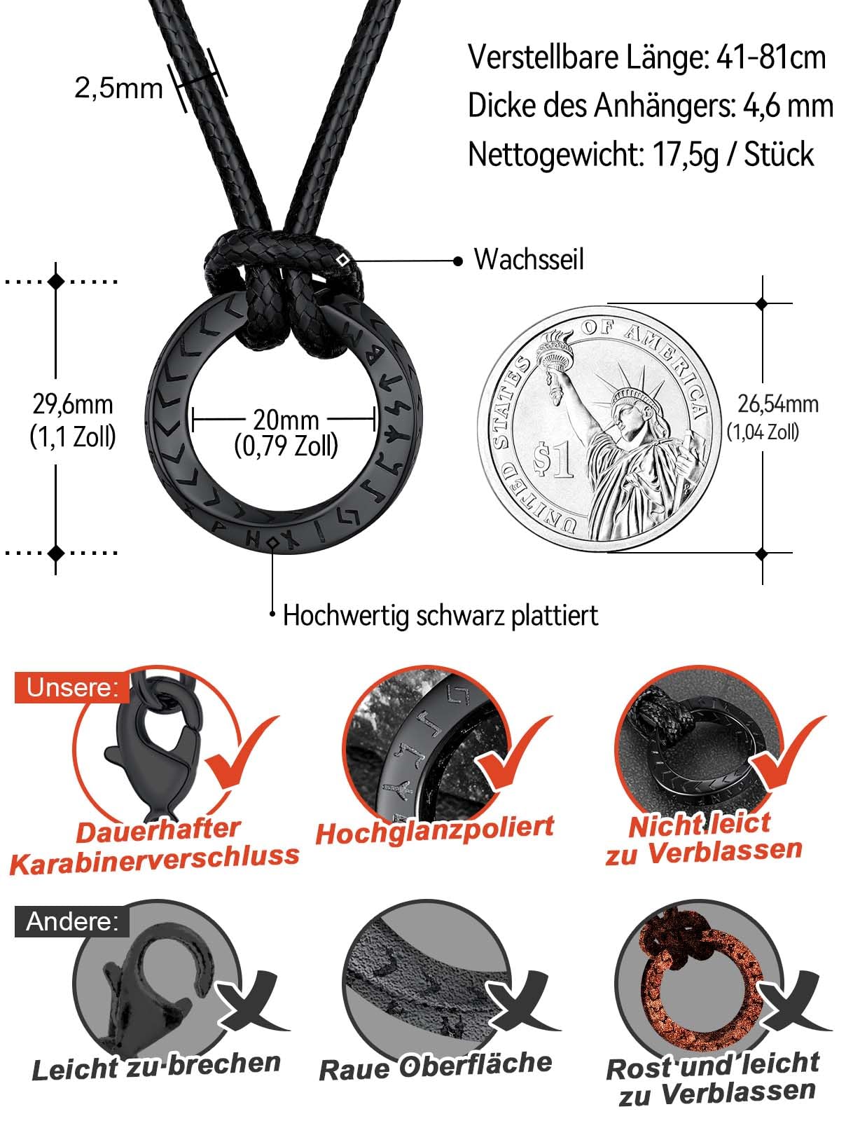 FaithHeart Lederkette Herren Damen Leder Halskette Männer Kette mit Runen Anhänger Edelstahl Lederband mit Mobius Rund/Dreieck/Unendlichkeit Kunstleder Lederhalsband verstellbar Wikinger Schmuck