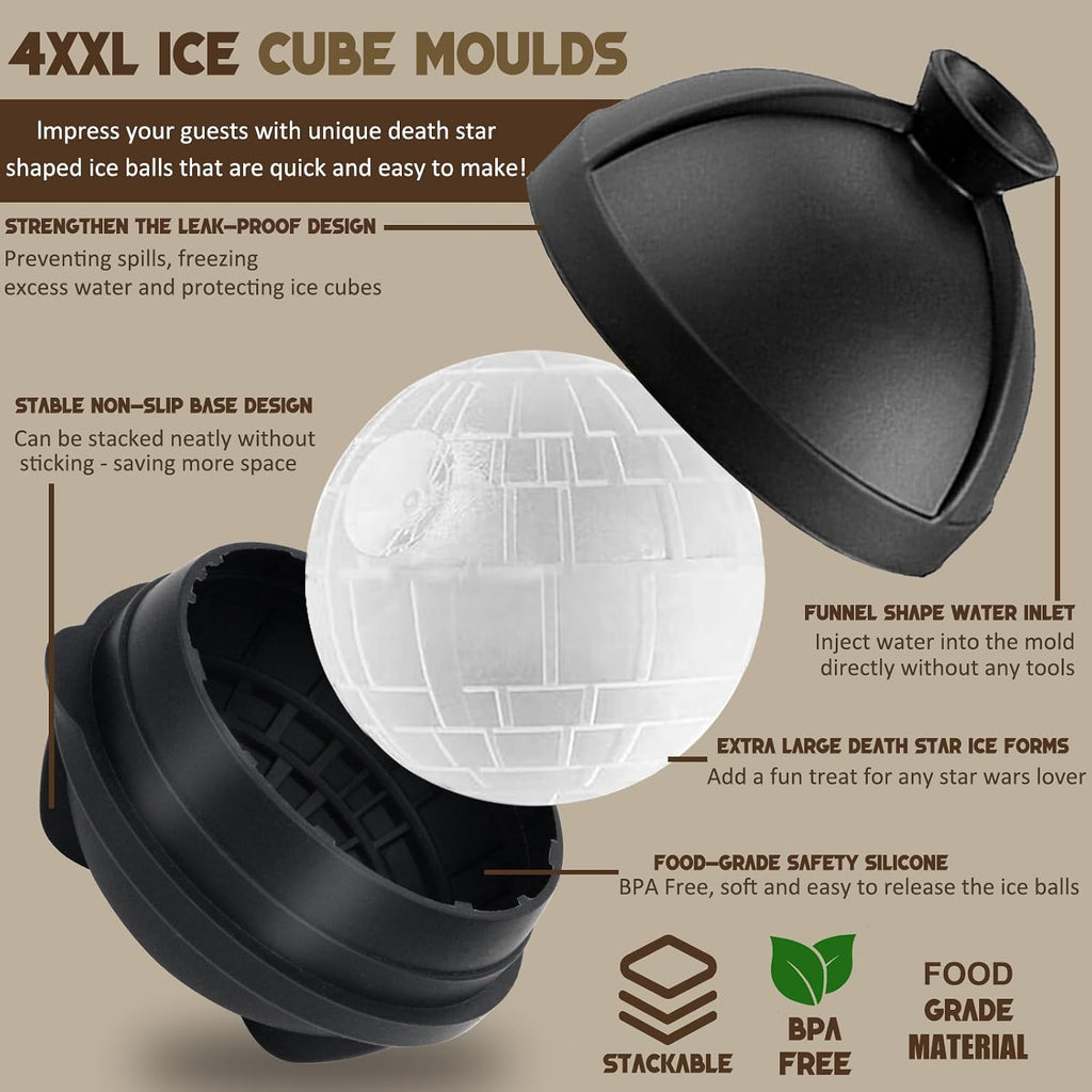 Eiswürfelform Kugel Silikon Set, 4 XXL Groß Eiskugelform mit Deckel & Trichter, Star Wars Wiederverwendbar Eiswürfelformen Rund, BPA Frei Eiswürfel Form Eiswürfelbehälter für Bier Cocktail Whisky Wein