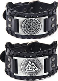 2 Stück Wikinger-Armband, Silbernes Runen Kompass-Armband, Handgemachtes Lederarmband, Odin Dreiecksarmband, Vintage Wide Cuff Wristband Armreif, Fashion Armband für Damen Herren