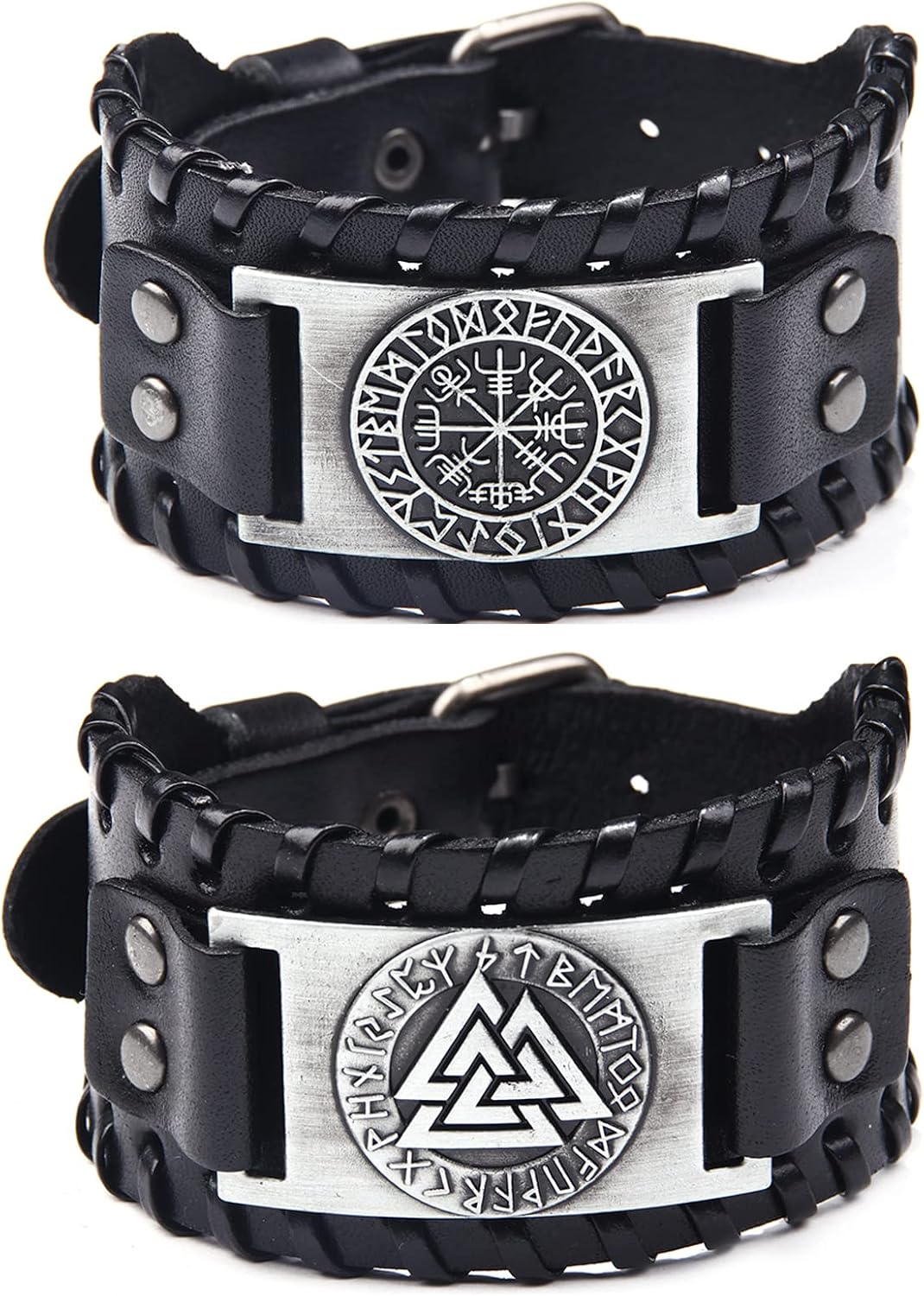 2 Stück Wikinger-Armband, Silbernes Runen Kompass-Armband, Handgemachtes Lederarmband, Odin Dreiecksarmband, Vintage Wide Cuff Wristband Armreif, Fashion Armband für Damen Herren