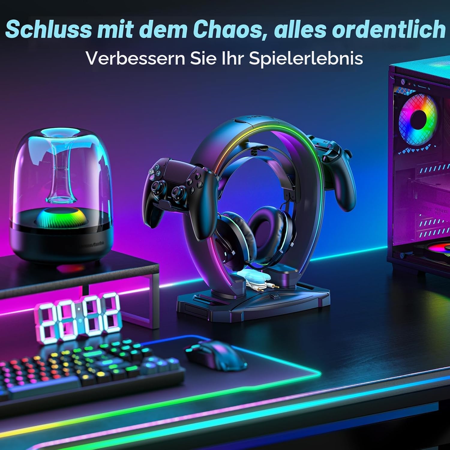 KDD Led Kopfhörer Ständer mit 9 Lichtmodi – Gaming Headset Halterung Schreibtisch – Faltbar Controller Halter mit Kabel Organizer - Headset und Controller Haltrung für Gamer PC Gaming Zubehör