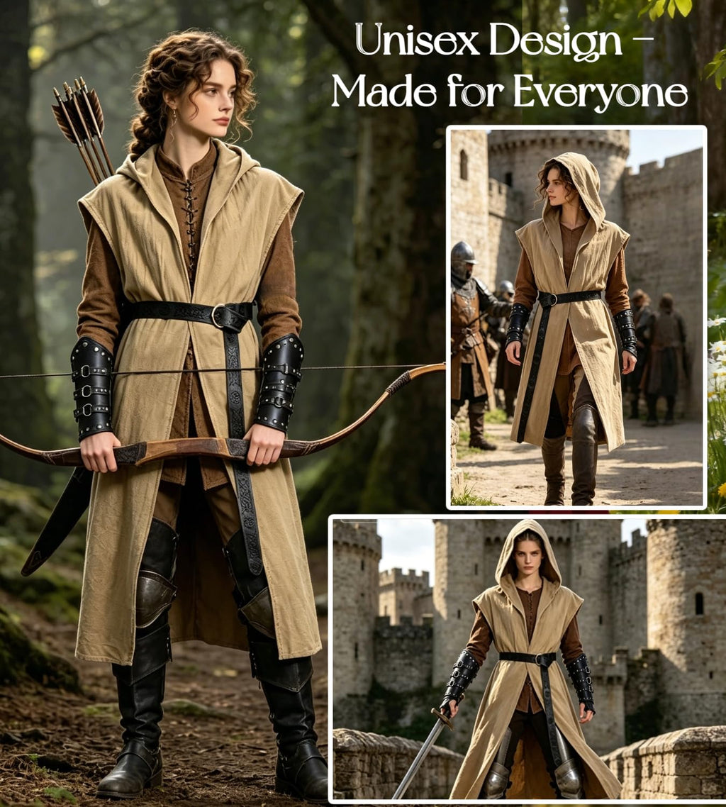 kasahara Mittelalter Kleidung Herren Set, Ärmellose WESTE Umhang mit Kapuze Renaissance Kostüm Damen Wikinger Ritter Outfit für Halloween Karneval Unisex Erwachsene Faschingskostüme