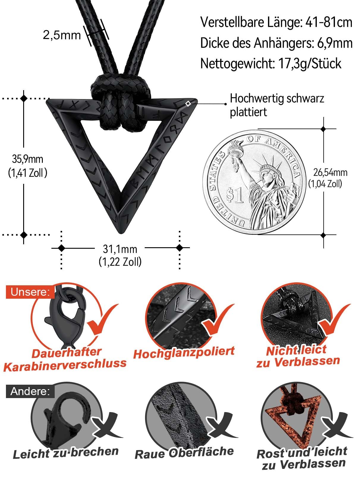 FaithHeart Lederkette Herren Damen Leder Halskette Männer Kette mit Runen Anhänger Edelstahl Lederband mit Mobius Rund/Dreieck/Unendlichkeit Kunstleder Lederhalsband verstellbar Wikinger Schmuck