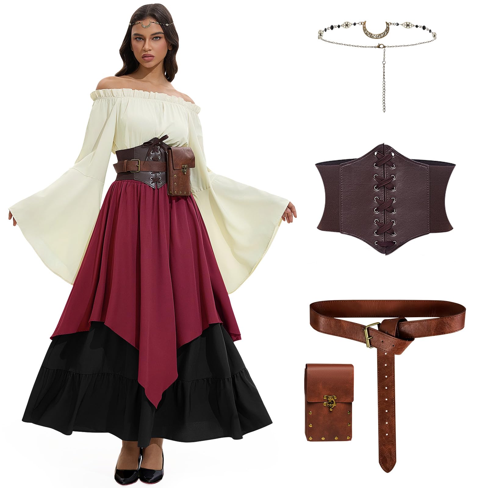 Mittelalter Kleidung Damen, Renaissance Kleid Damen und Off Shoulder Bluse mit Corsett, Gürteltasche, Kopfschmuck, Gürtel, Viktorianisches Kostüm für Halloween Karneval