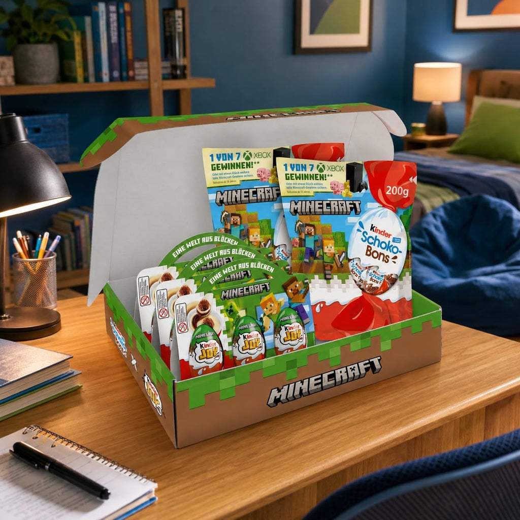 Kinder Minecraft Box – Geschenkbox mit 9 Kinder Joy Eiern, 2 x Kinder Schoko-Bons 200 g und gratis Figuren-Pappaufsteller