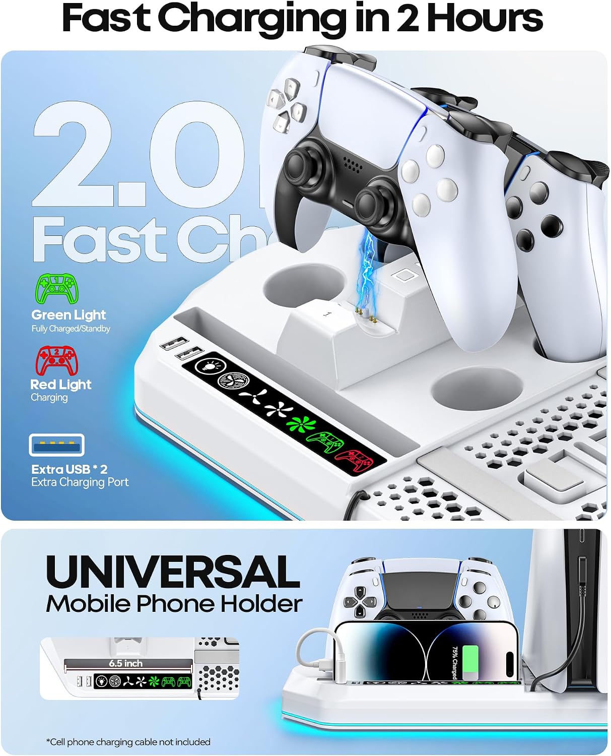 PS5 Ständer für PS5/Slim/Pro Konsole mit Schnelle PS5 Controller Ladestation, PS5 Standfuß Vertikal mit 3 stufiger Lüfter & 9 RGB Licht, PS5 Stand Zubehör PlayStation 4 Zubehörsets