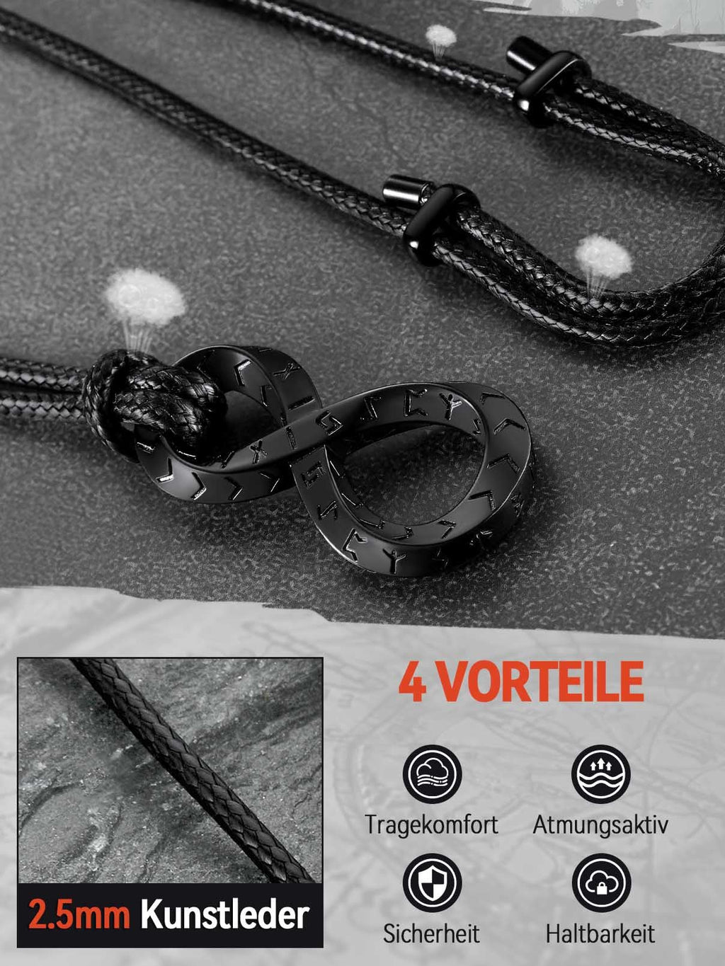 FaithHeart Lederkette Herren Damen Leder Halskette Männer Kette mit Runen Anhänger Edelstahl Lederband mit Mobius Rund/Dreieck/Unendlichkeit Kunstleder Lederhalsband verstellbar Wikinger Schmuck