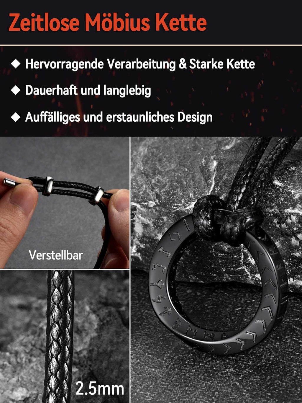 FaithHeart Lederkette Herren Damen Leder Halskette Männer Kette mit Runen Anhänger Edelstahl Lederband mit Mobius Rund/Dreieck/Unendlichkeit Kunstleder Lederhalsband verstellbar Wikinger Schmuck
