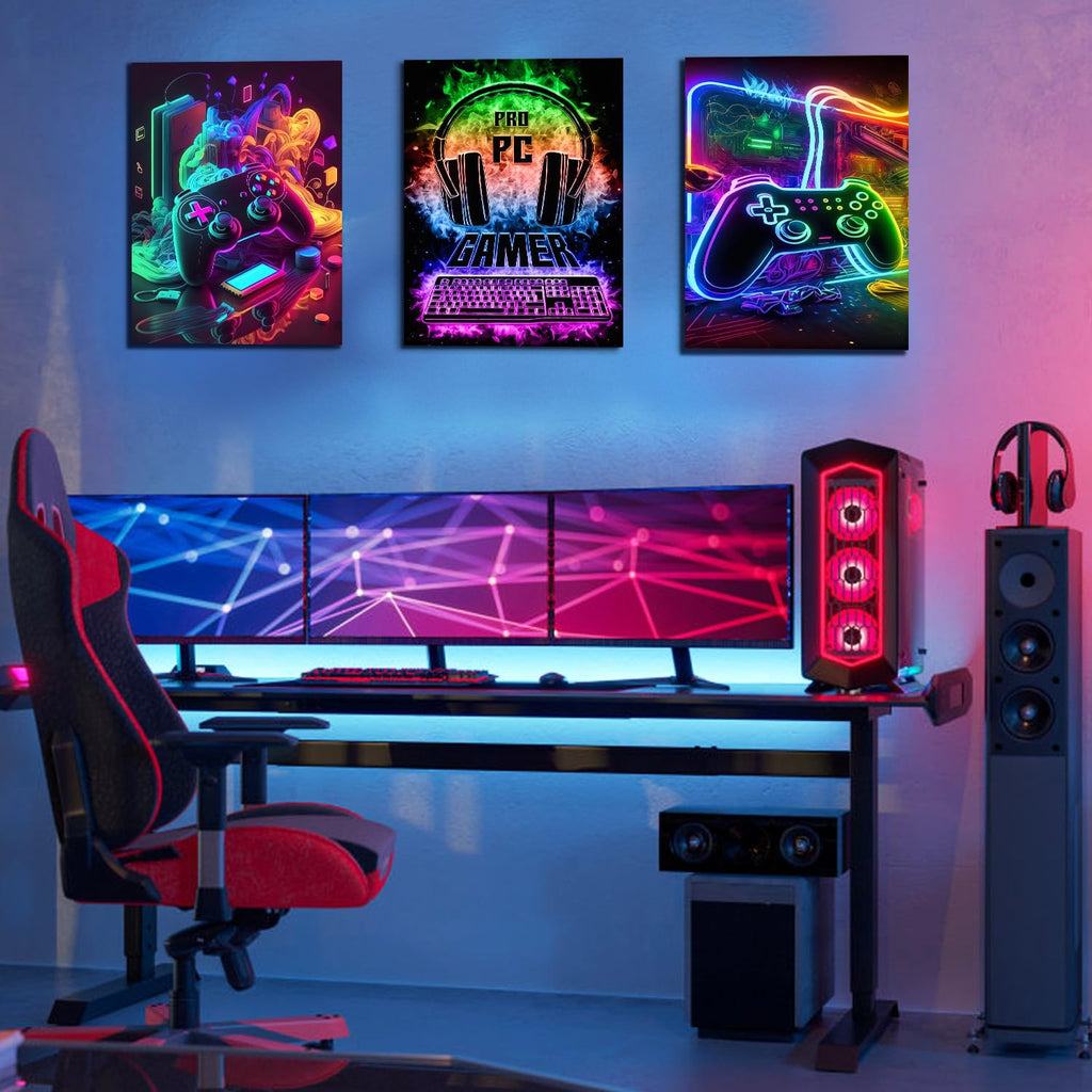 Dazzlewall 3Pcs Spiel WandBilder Cool Neon Gaming Bilder für Teen Jungen Zimmer Schlafsaal Spiel Zimmer Dekor 30×40 cm Ungerahmt