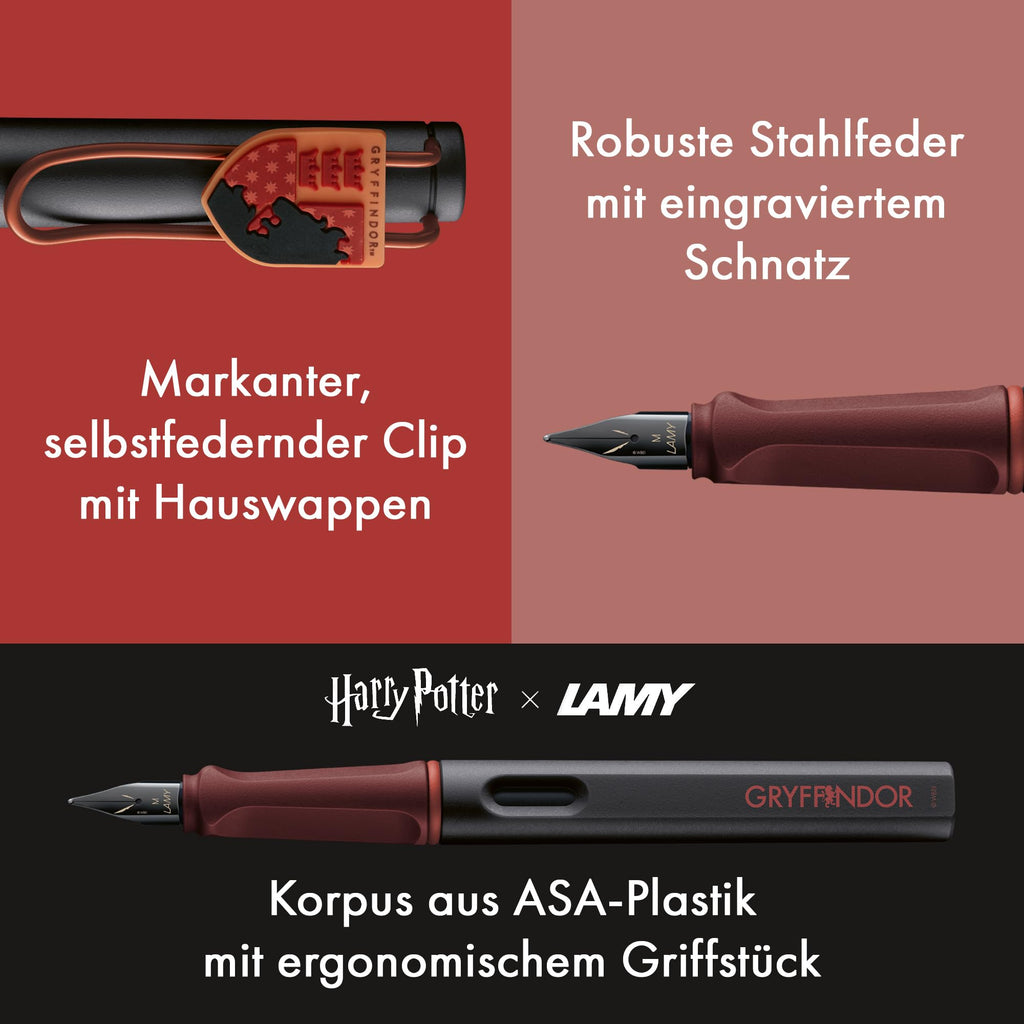 Lamy safari Harry Potter Gryffindor™ Füller – Special Edition Füllhalter mit Wappen des Hauses - Stahlfeder in Strichbreite M – mit ergonomischen Griff – inkl. Tintenpatrone T10 blau – Rechtshänder