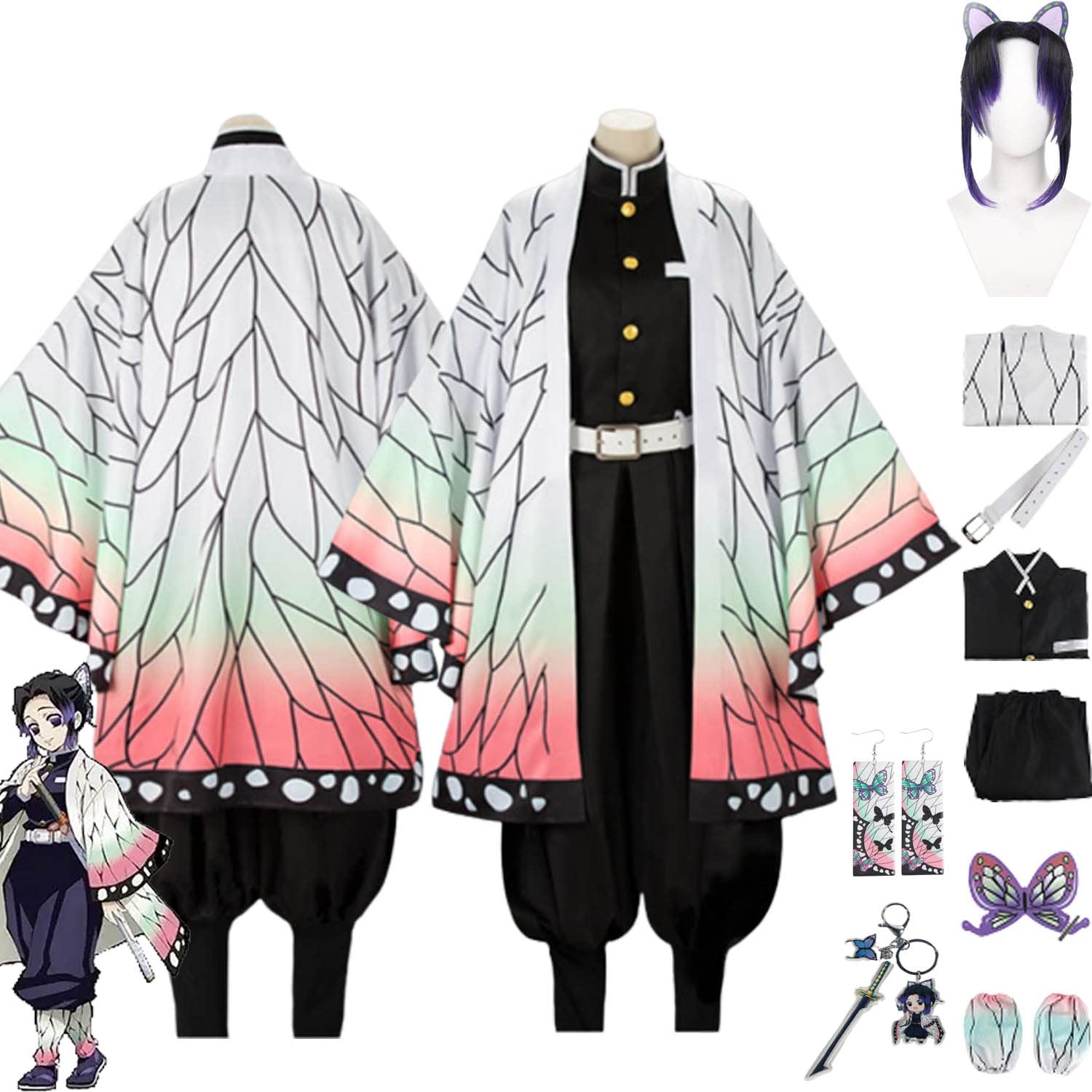Anime Charakter Kochou Shinobu Cosplay Kostüm Outfit Kanroji Mitsuri Rollenspiel Uniform Komplettes Set Halloween Party Karneval Dress Up Anzug mit Perücke für Frauen