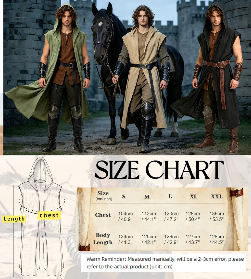 kasahara Mittelalter Kleidung Herren Set, Ärmellose WESTE Umhang mit Kapuze Renaissance Kostüm Damen Wikinger Ritter Outfit für Halloween Karneval Unisex Erwachsene Faschingskostüme