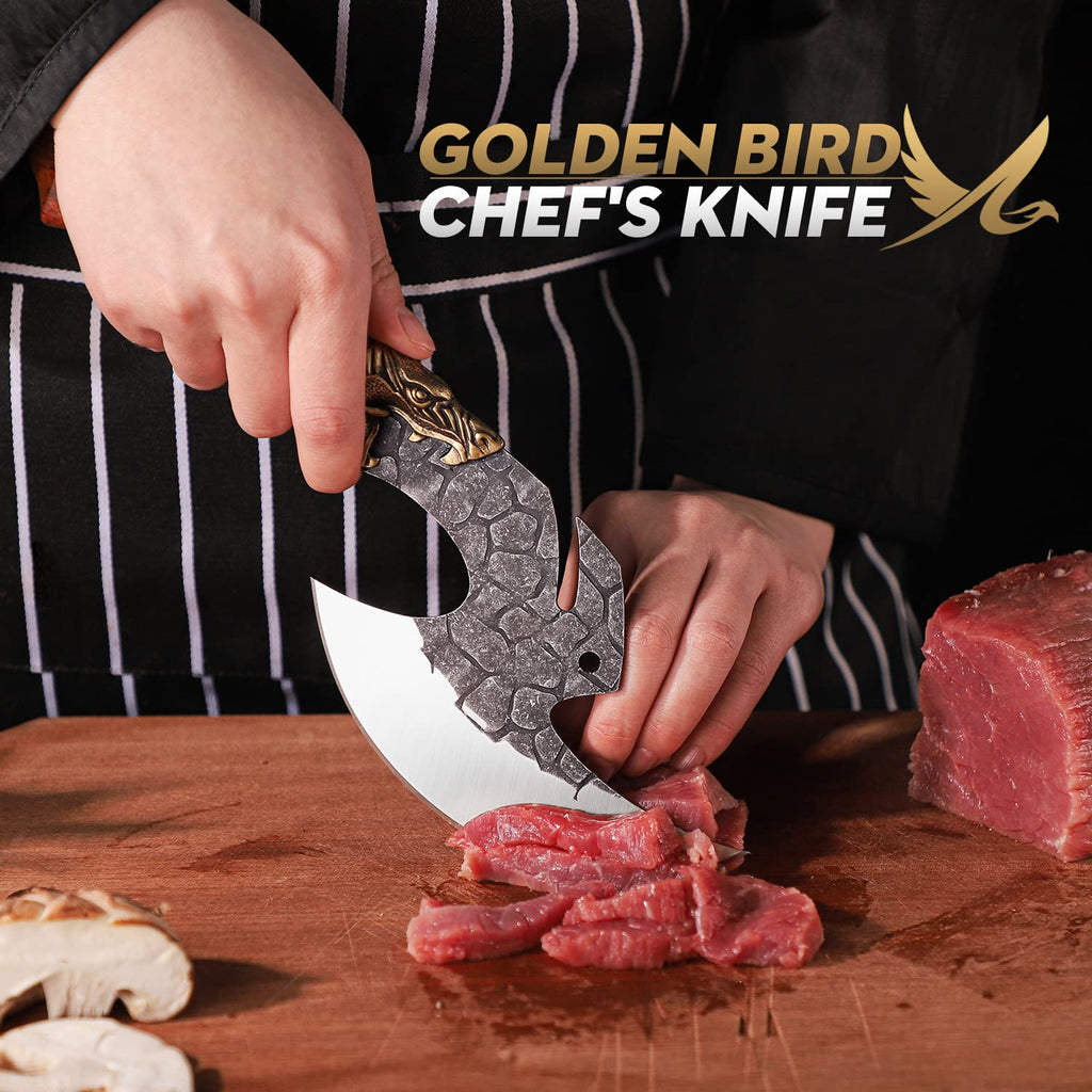 Golden Bird Original Wikinger Messer Axt Scharfes Geburtstag Tranchiermesser Pizzaschneider Ausbeinmesser Handgeschmiedetes Kochmesser Fleischmesser Grillmesser mit PU-Scheide für Camping BBQ Outdoor