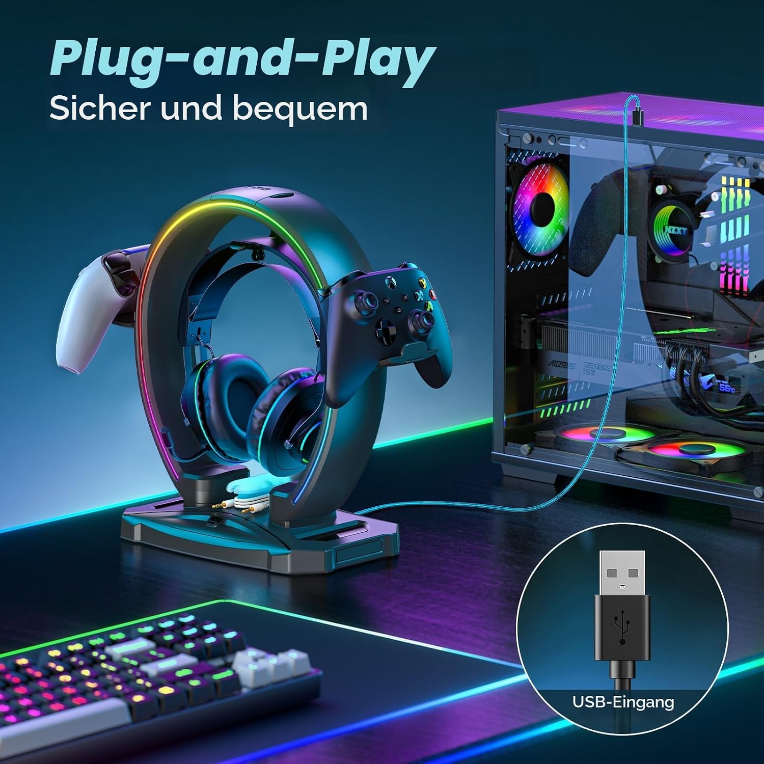KDD Led Kopfhörer Ständer mit 9 Lichtmodi – Gaming Headset Halterung Schreibtisch – Faltbar Controller Halter mit Kabel Organizer - Headset und Controller Haltrung für Gamer PC Gaming Zubehör