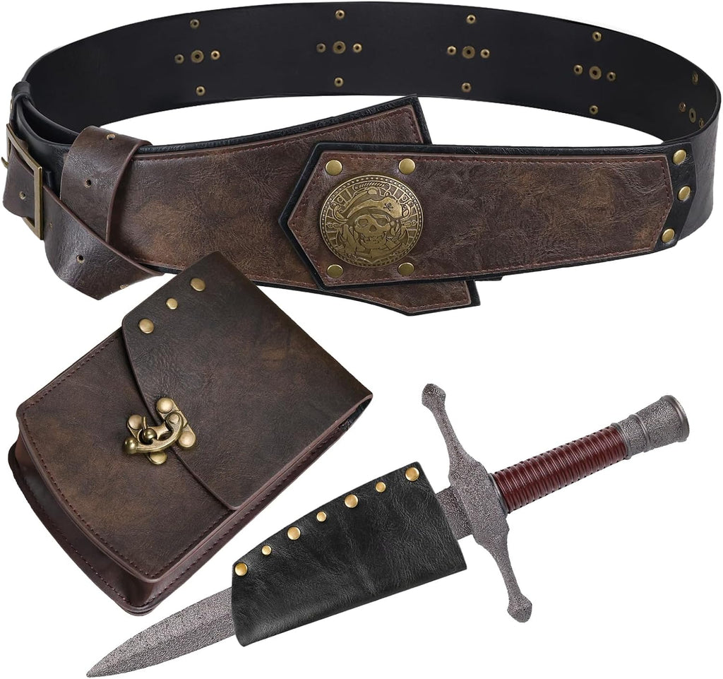 HiiFeuer 4Pcs Piratenkostüm für Herren mit Renaissance-Gürtel, mittelalterlicher Tasche, Attrappen-Dolch und Schwertscheide für Mittelalterfest und LARP