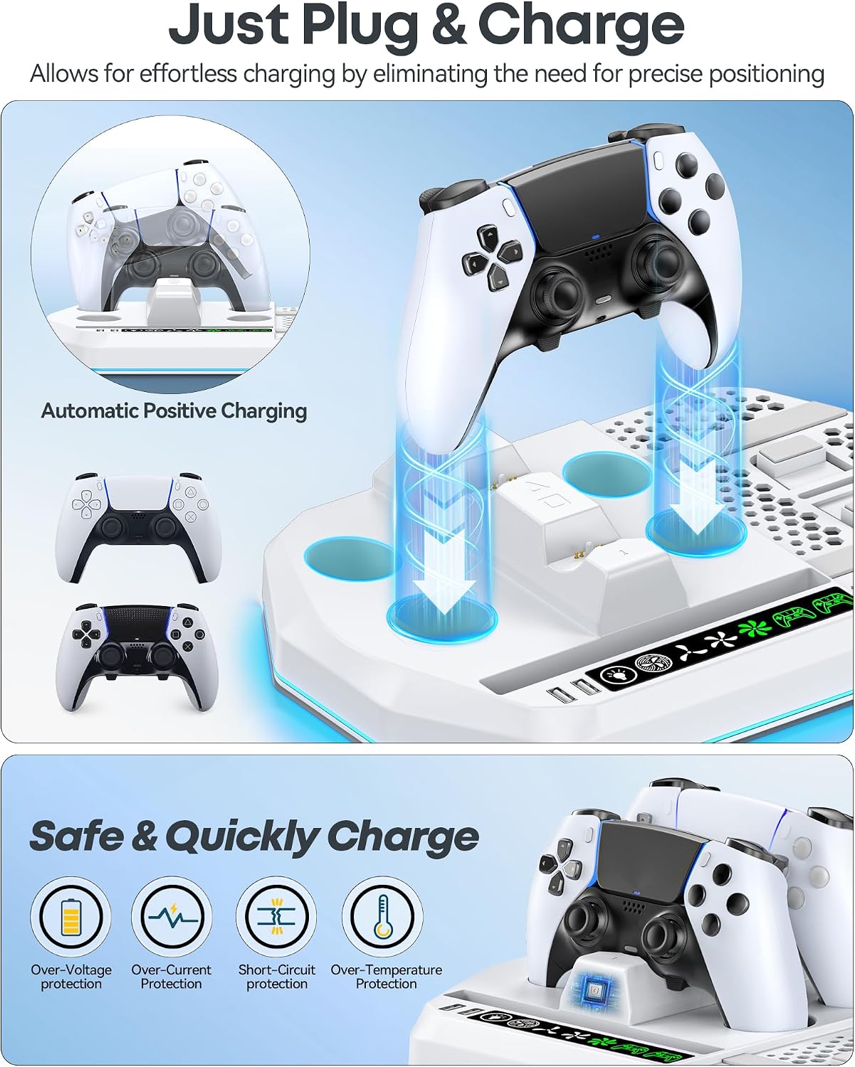 PS5 Ständer für PS5/Slim/Pro Konsole mit Schnelle PS5 Controller Ladestation, PS5 Standfuß Vertikal mit 3 stufiger Lüfter & 9 RGB Licht, PS5 Stand Zubehör PlayStation 4 Zubehörsets
