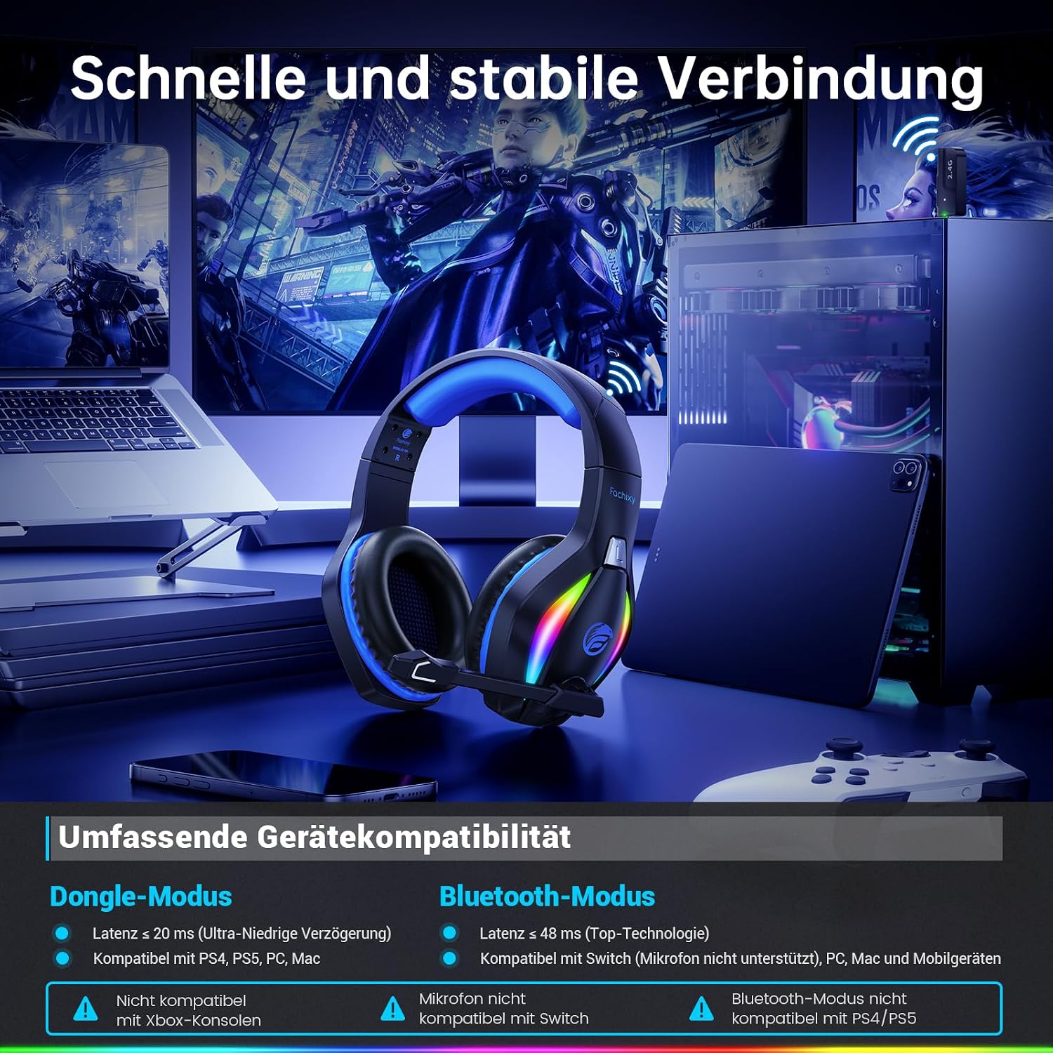 Fachixy Wireless Gaming Headset mit Mikrofon für PS5, PS4, PC, Mac, Switch