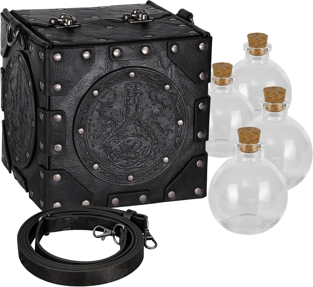 HiiFeuer Mittelalterliche Alchemisten-Umhängetasche, geprägte Leder-Zaubertrankbox mit Nieten und Flaschen, Aufbewahrungsbox für Zauberer für Mittelalterfeste（Schwarz A）