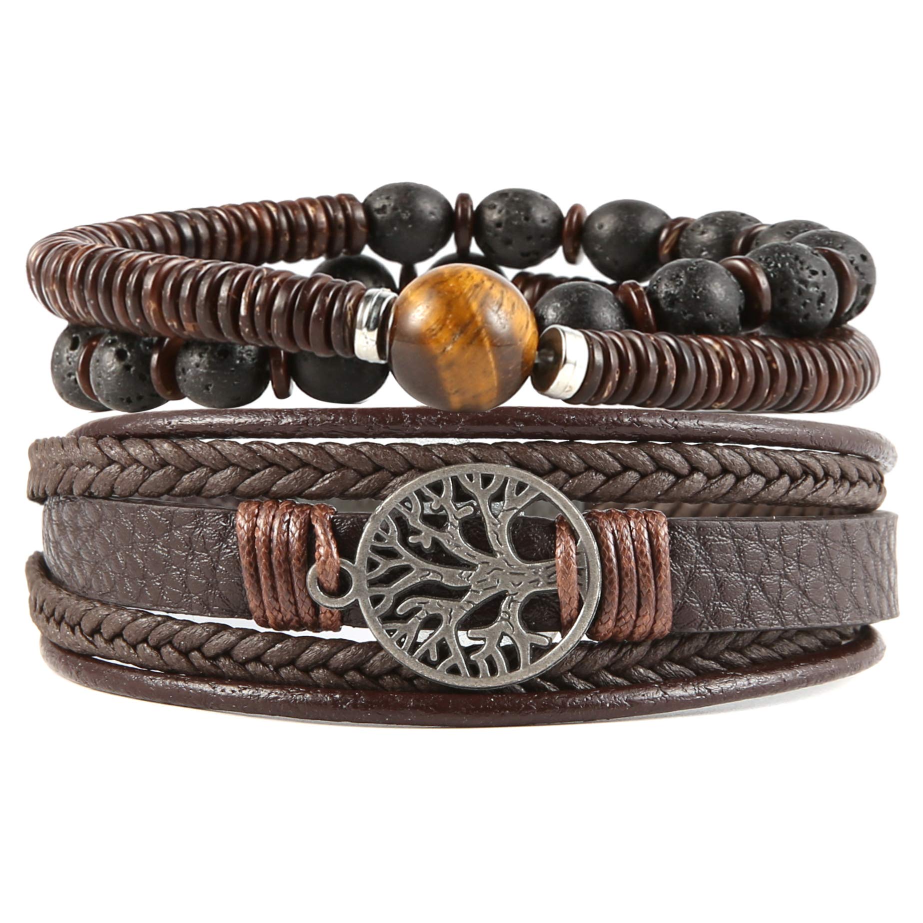 HZMAN Echtes Leder Baum des Lebens Armbänder Männer Frauen, Tigerauge Naturstein Lava Rock Perlen Ethnische Tribal elastische Armbänder Armbänder (2Pcs)