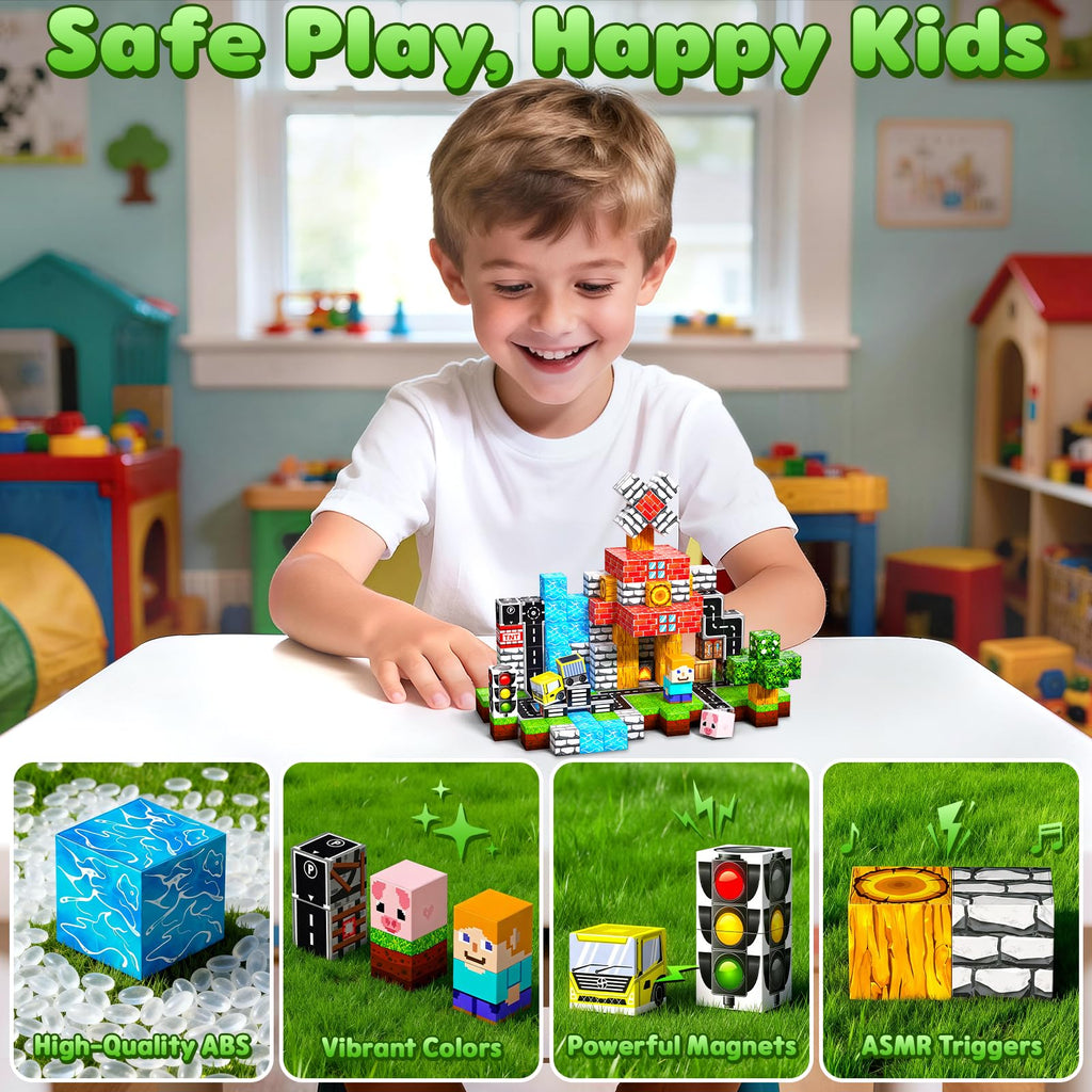 Magnetische Bausteine Bauspielzeug 100 Pcs Magnetbausteine für Kinder Montessori Kreative Spielzeug ab 3 4 5 6 7 8 9 10 Jahre Junge und Mädchen Magnetic Blocks Geschenke für Kinder （Wald）