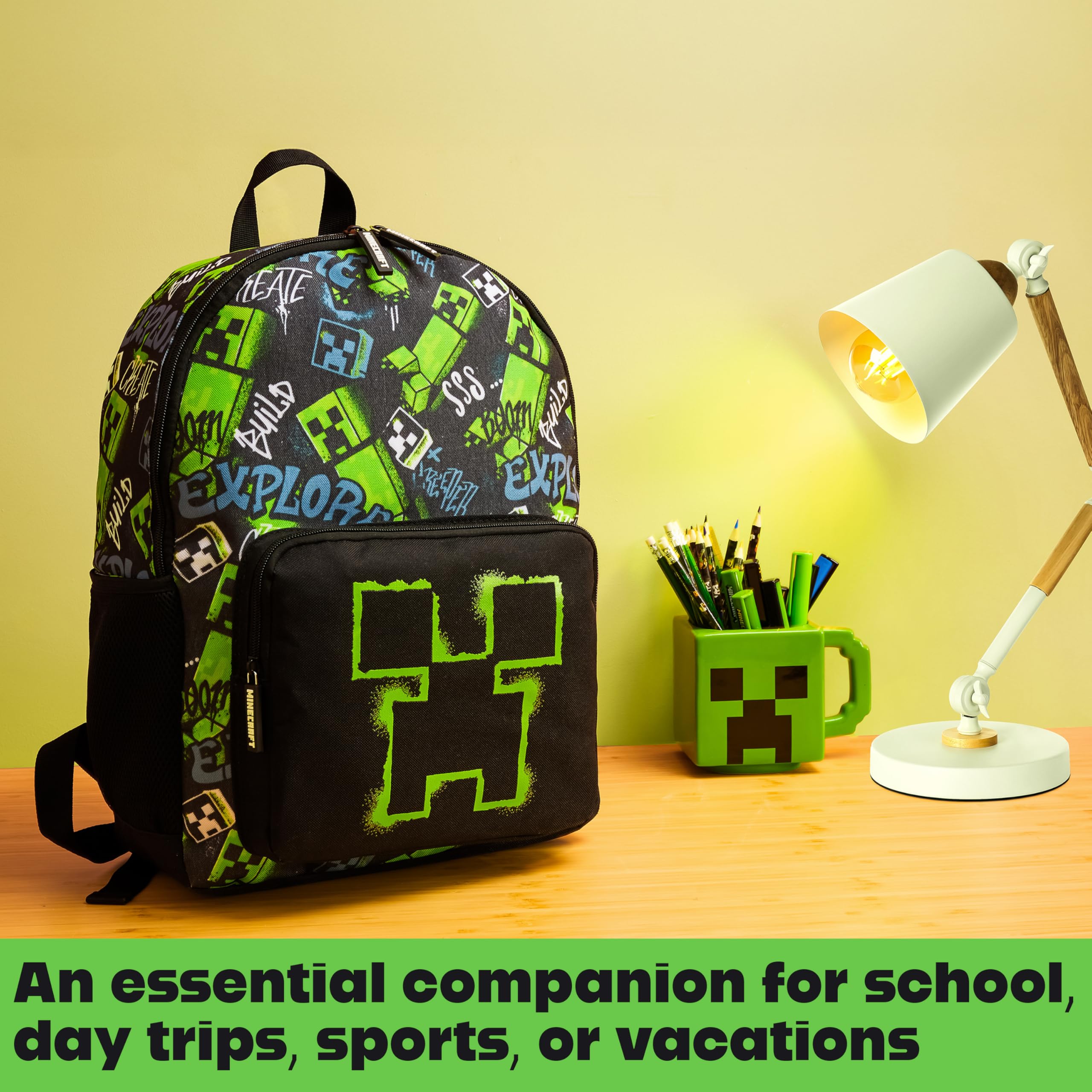 Minecraft Rucksack Kinder Jungen Kinderrucksack Creeper Freizeitrucksack mit Reißverschluss-Fächern für Schulrucksack Schule Sport Alltag