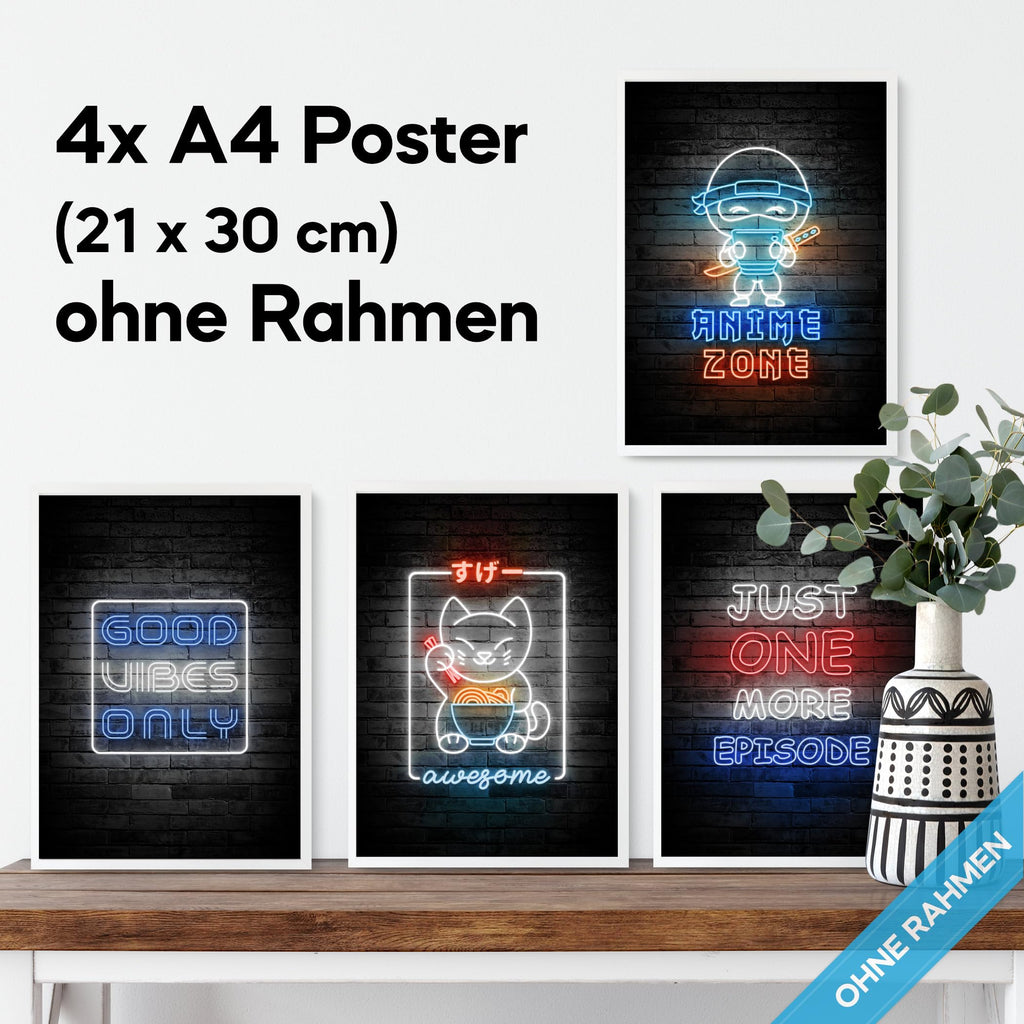 mojoliving Gaming Zimmer Deko Bilder | Poster Wand für Gamer Jugendzimmer | Set mit Neon Sign Motive | Coole Geschenke für Gamer | Zocker Bilder Wand | Neon Wandbild