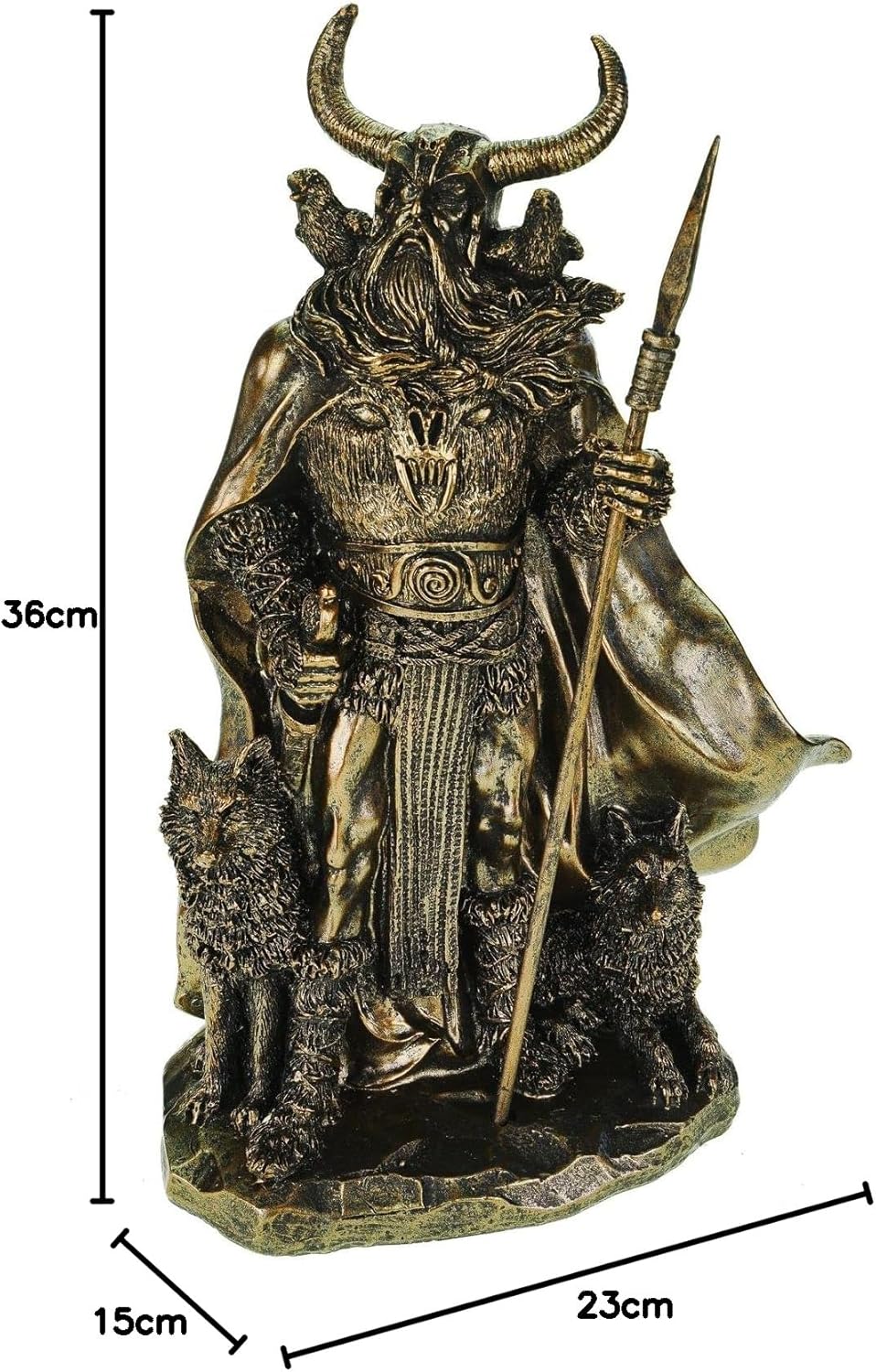 Kremers Schatzkiste Odin Figur mit Raben Hugin Munin und Wölfen Geri Freki 36cm Nordische Mythologie Dekofigur - Polyresin Götter Skulptur - Geschenk Wikinger Deko