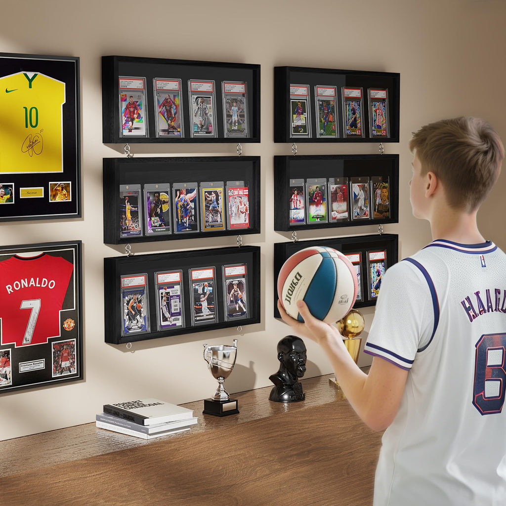 Sammelkarten Display Rahmen Wandmontage, 1er Pack Holz Sportkarten-Vitrine mit Transparent HD, Kartenrahmen Display für Sportkarten & Sammelkarten (Schwarz)
