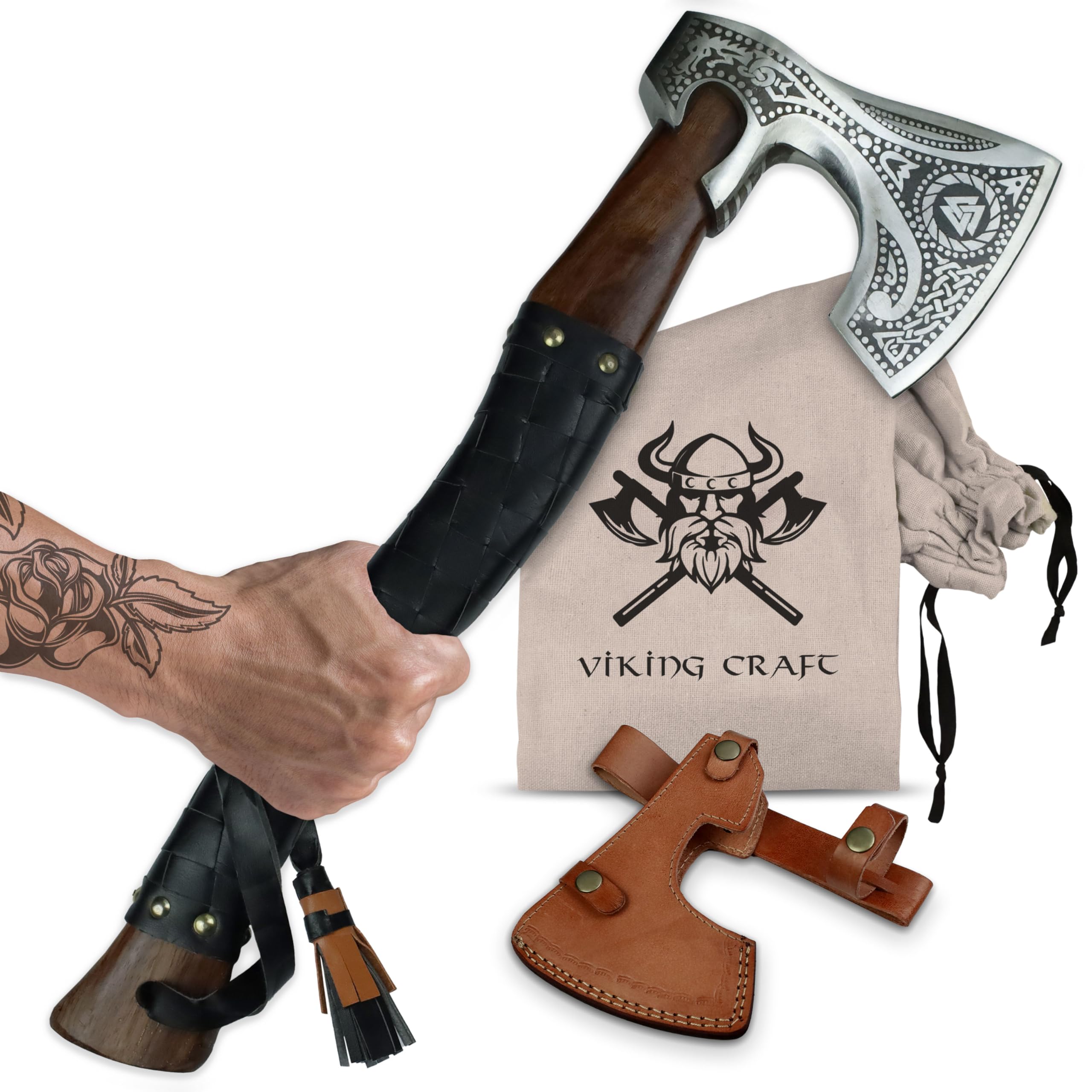 VIKING CRAFT® Wikinger Axt 50cm - Handgefertigte Deko Mit Gravur und Lederschutz - Ideale Mittelalter Deko, Geschenke für Männer und Frauen, Vikings Fanartikel, LARP Beil