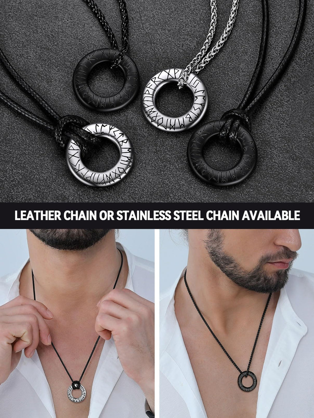 FaithHeart Lederkette Herren Damen Leder Halskette Männer Kette mit Runen Anhänger Edelstahl Lederband mit Mobius Rund/Dreieck/Unendlichkeit Kunstleder Lederhalsband verstellbar Wikinger Schmuck