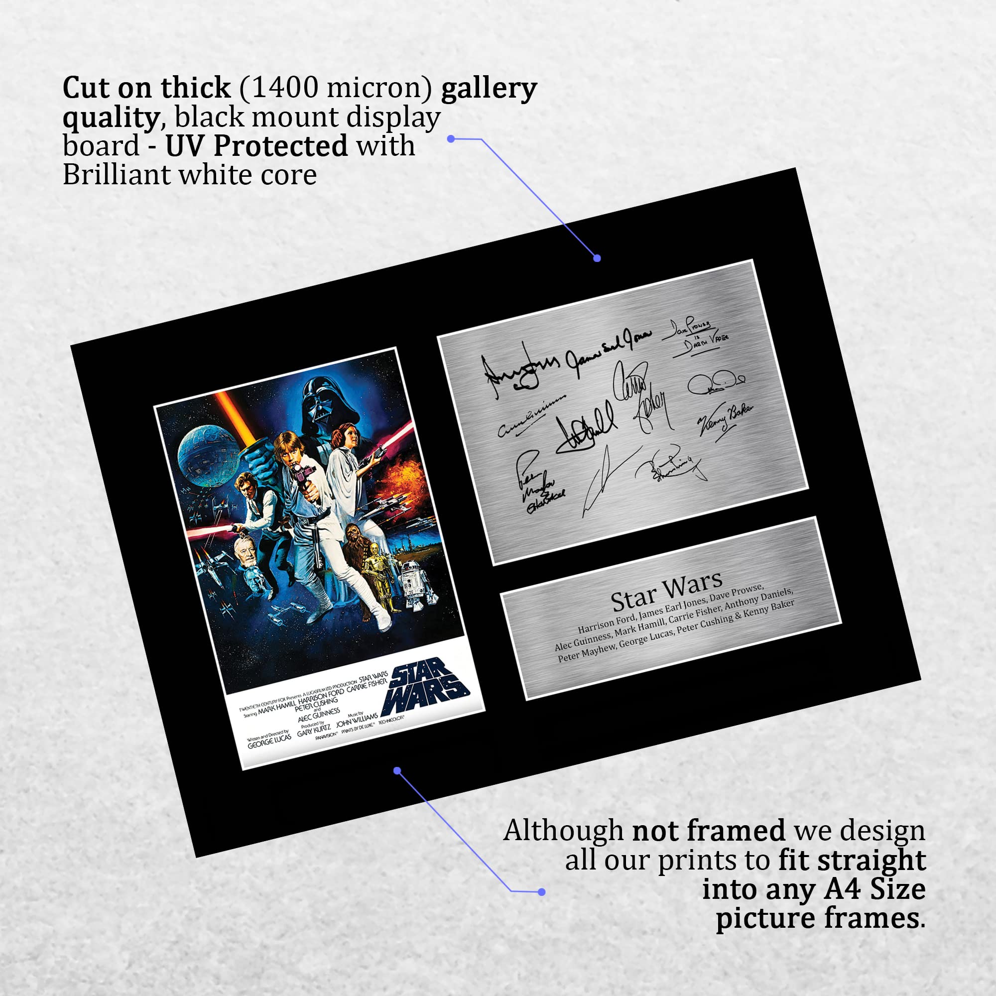 HWC Trading FR A4 Star Wars New Hope Cast Mark Hamill, Carrie Fisher, Harrison Ford Geschenke Geducktes Signiertes Autogramm Foto für Fans von Film Memorabilien - A4 Gerahmt