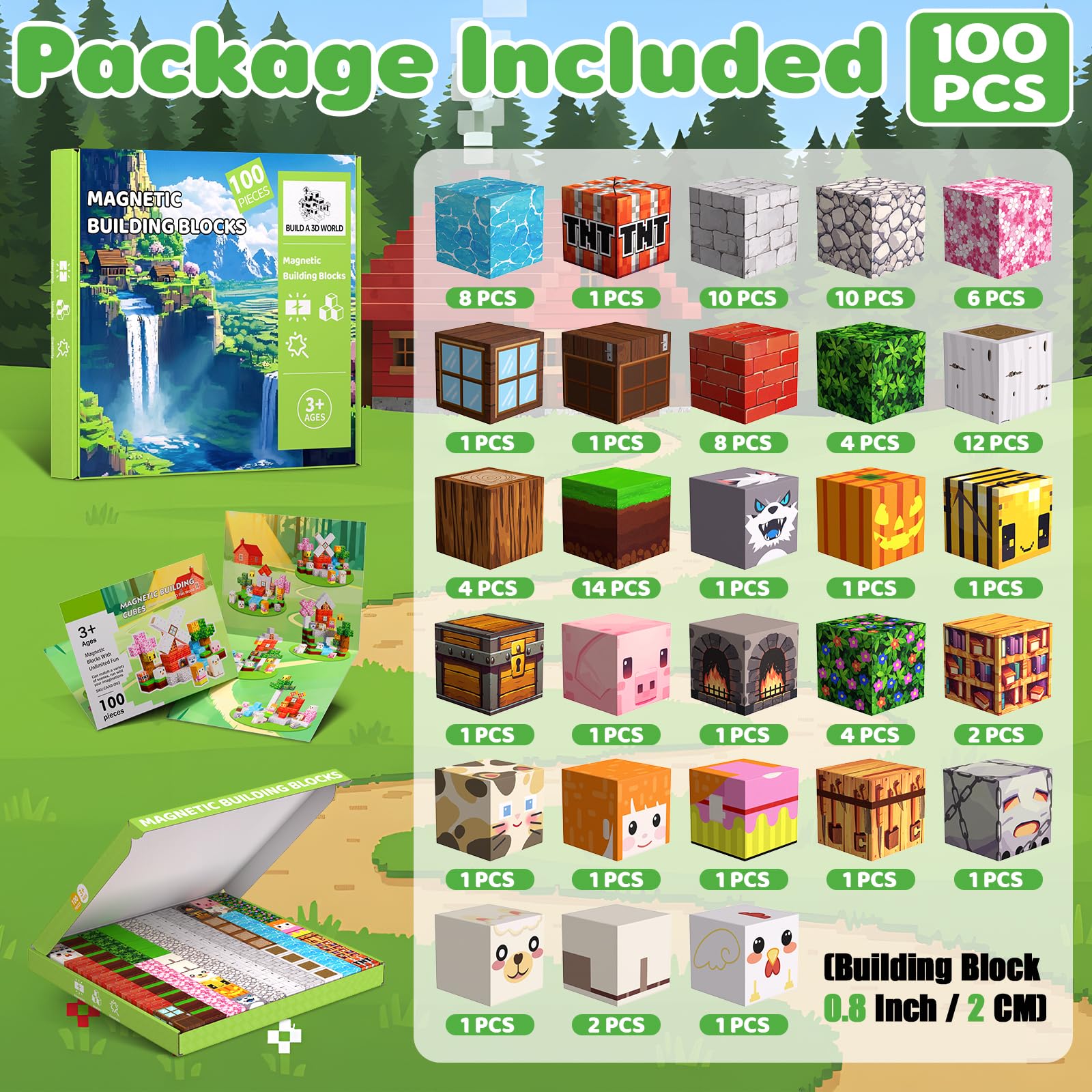 Magnetische Bausteine Bauspielzeug 100 Pcs Magnetbausteine für Kinder Montessori Kreative Spielzeug ab 3 4 5 6 7 8 9 10 Jahre Junge und Mädchen Magnetic Blocks Geschenke für Kinder （Wald）