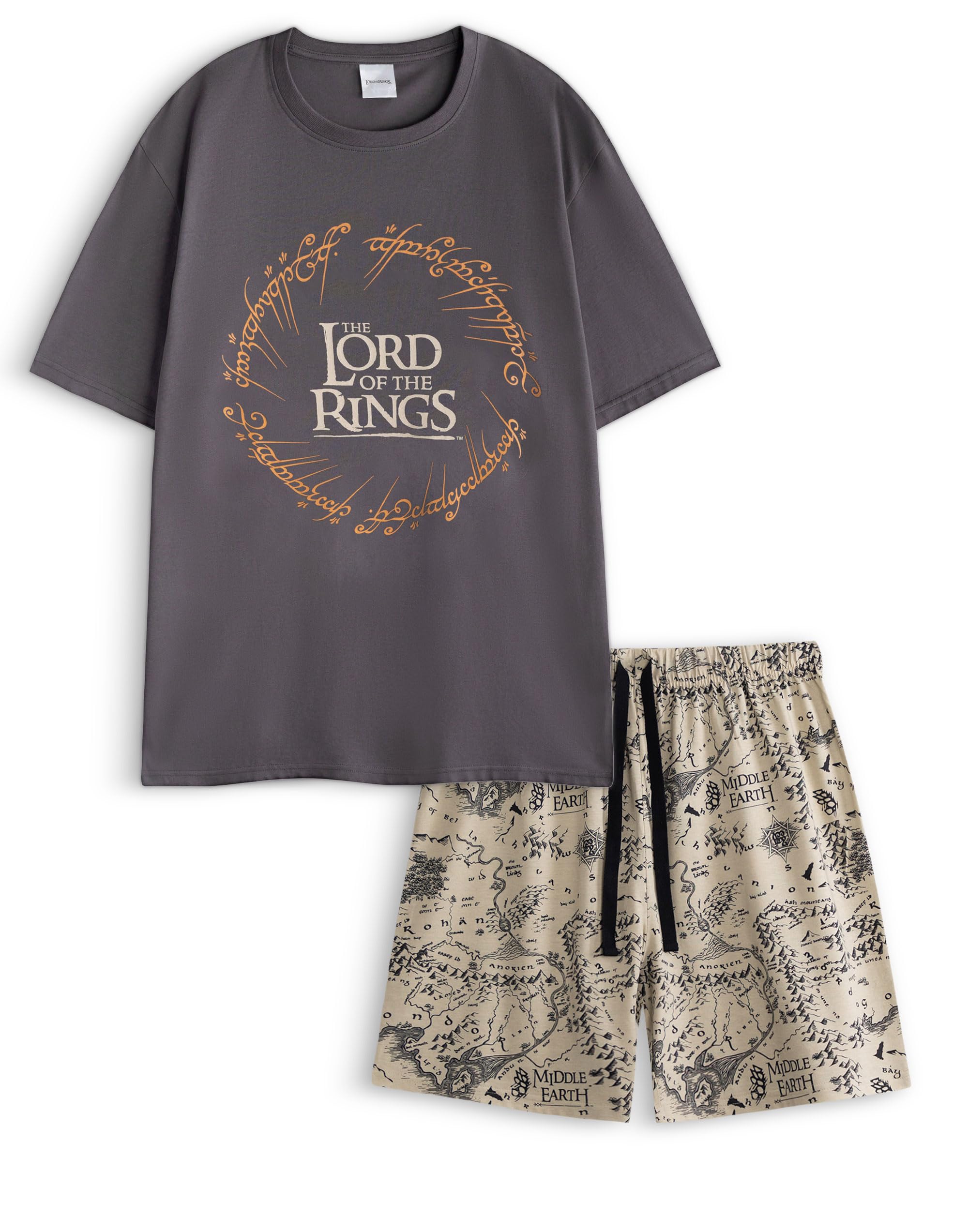 Lord of The Rings „Herr der Ringe“-Pyjama-Set für Herren, Anthrazitgrau, Kurzarm | Shorts mit Mittelerde-Kartenprint und Kordelzug | Nachtwäsche & Loungewear