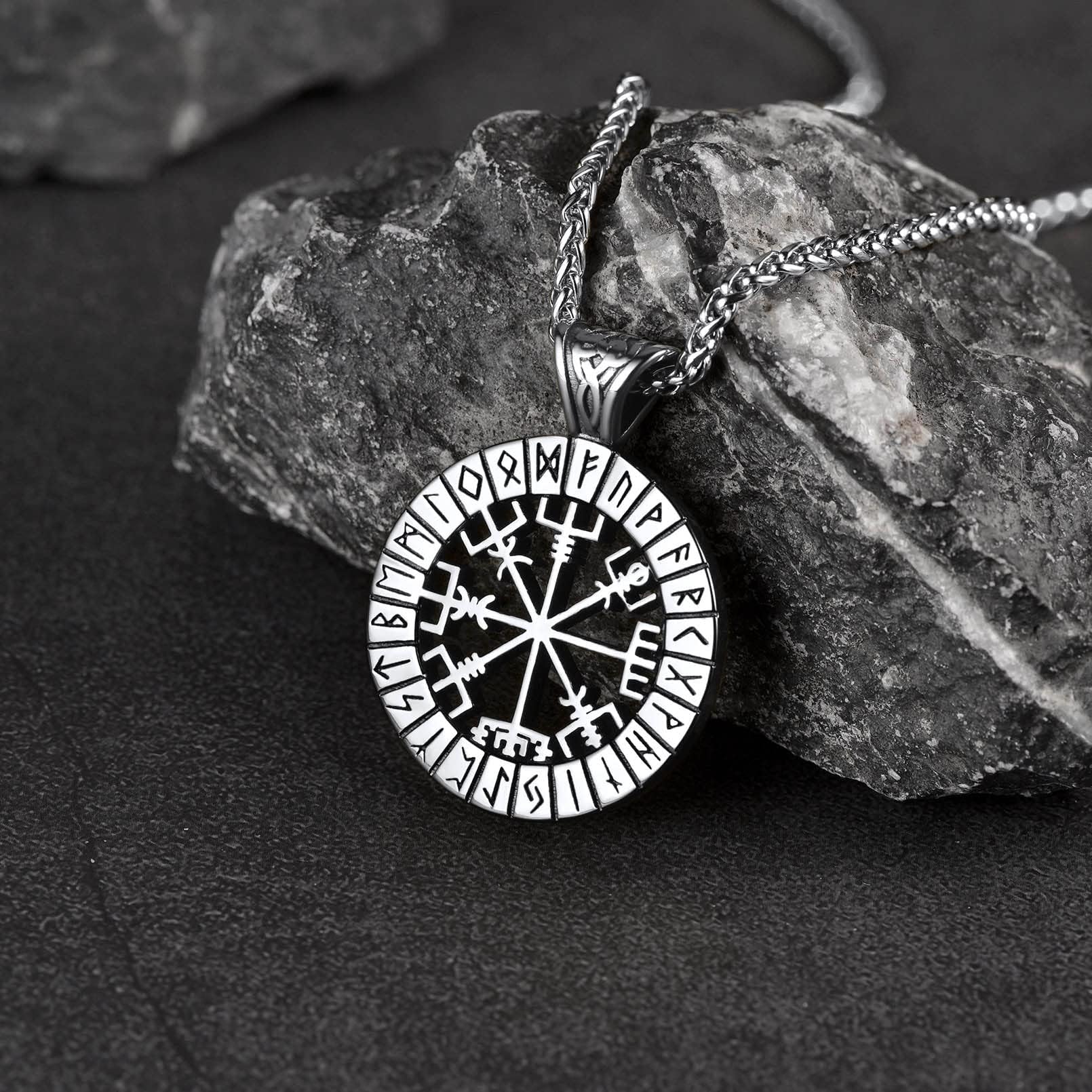 FaithHeart Wikingerhalskette für Herren, Vegvisir-Kompass, Edelstahl, Kette 55 + 5 cm, nordischer Mythologie-Schmuck