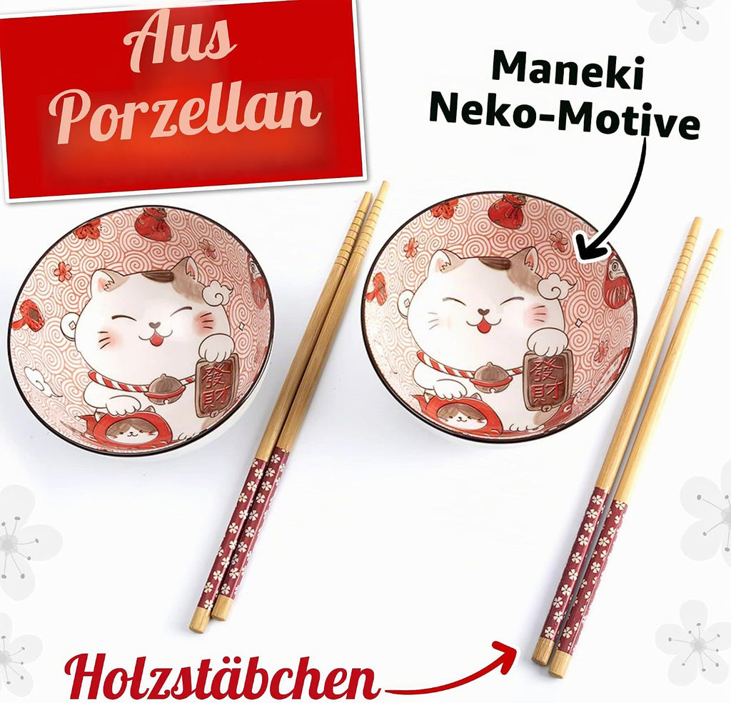 Lachineuse - 2er Set Maneki Neko-Schalen – Müslischalen, Reisschüsseln, Suppenschalen – Japanisches Geschirr aus Porzellan – Geschenckset mit Essstäbchen – Katze Glücksbringer – Japan China Kawai Deko