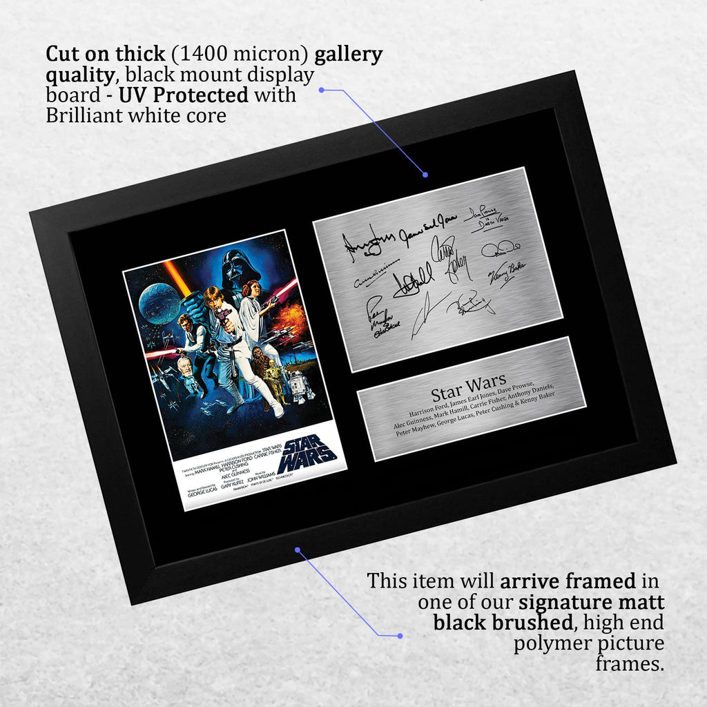 HWC Trading FR A4 Star Wars New Hope Cast Mark Hamill, Carrie Fisher, Harrison Ford Geschenke Geducktes Signiertes Autogramm Foto für Fans von Film Memorabilien - A4 Gerahmt
