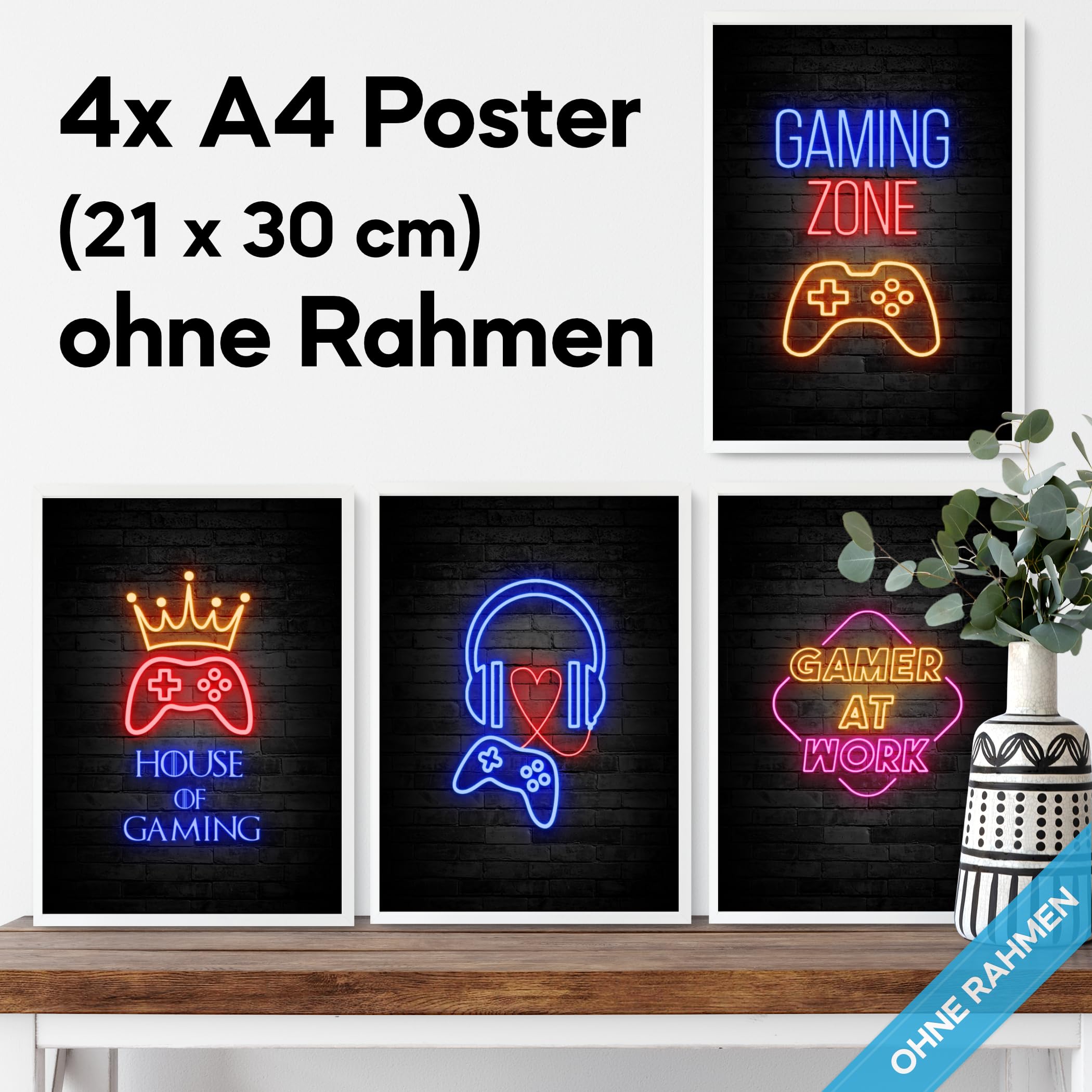 mojoliving Gaming Zimmer Deko Bilder | Poster Wand für Gamer Jugendzimmer | Set mit Neon Sign Motive | Coole Geschenke für Gamer | Zocker Bilder Wand | Neon Wandbild