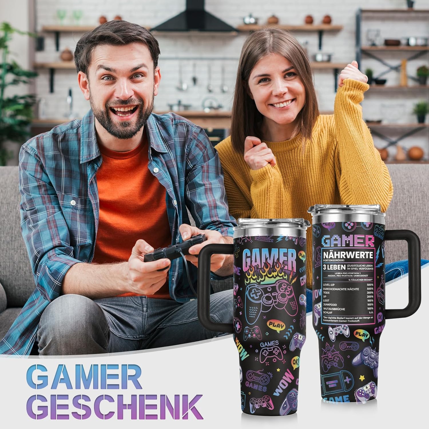 Gamer Geschenk, Geschenke für Männer, Geschenkidee für Computerspieler, Gaming-Fans und Zocker, Geburtstagsgeschenk, Geschenke für Papa Freund Mann, 40 OZ Thermobecher mit Deckel und Strohhalm