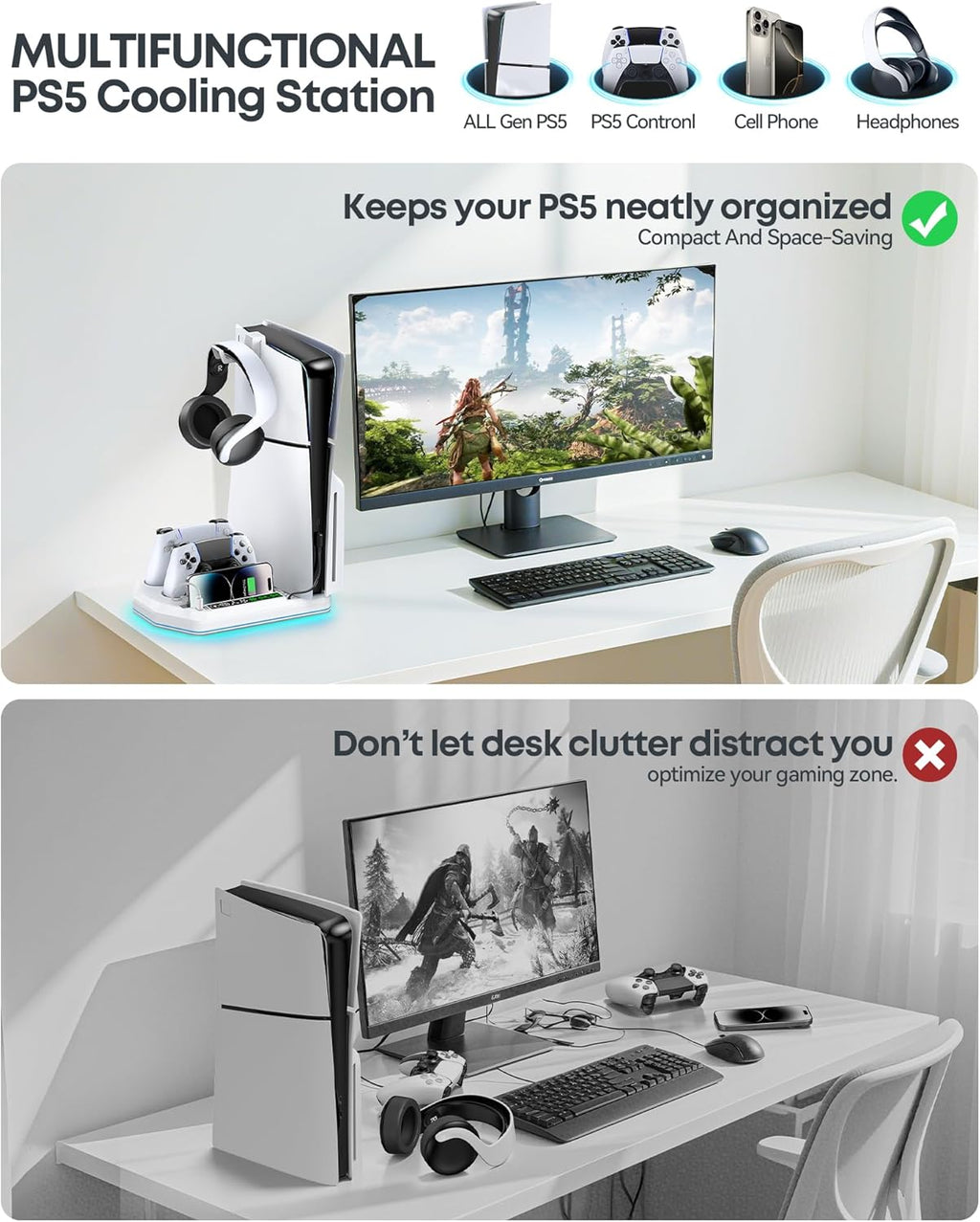 PS5 Ständer für PS5/Slim/Pro Konsole mit Schnelle PS5 Controller Ladestation, PS5 Standfuß Vertikal mit 3 stufiger Lüfter & 9 RGB Licht, PS5 Stand Zubehör PlayStation 4 Zubehörsets